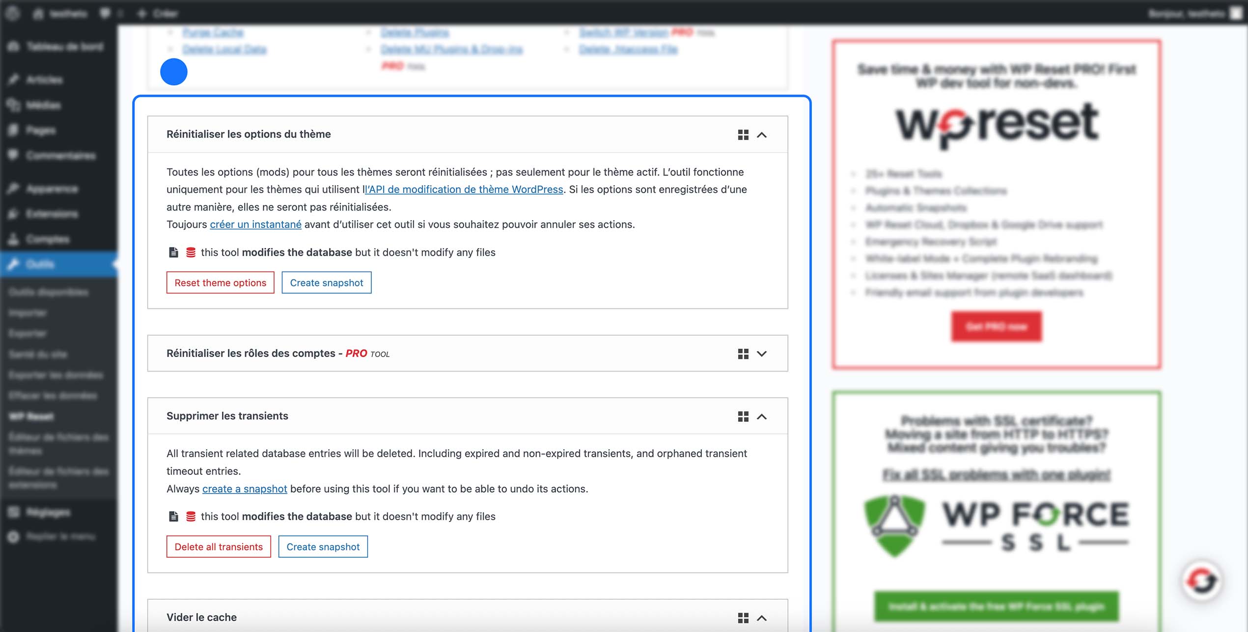 Accès aux outils avancés de WP Reset permettant de réinitialiser les options du thème, supprimer les données temporaires et nettoyer la base de données du site WordPress.
