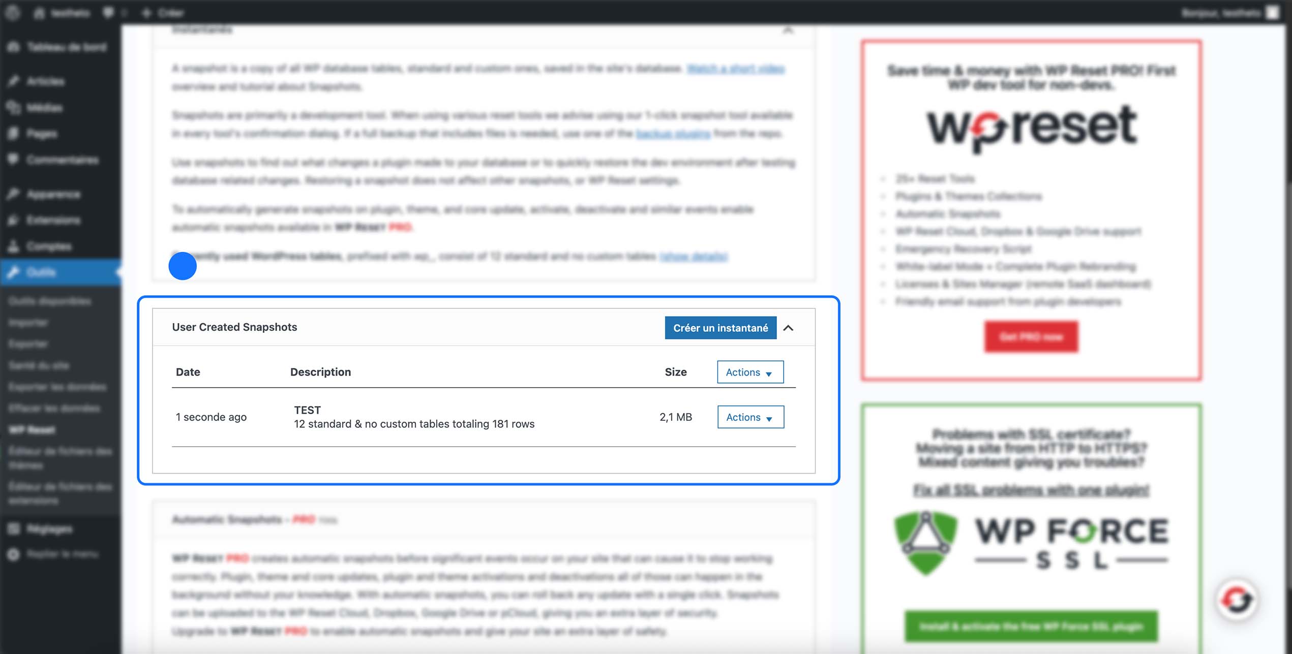 Création et gestion d’un instantané du site permettant de sauvegarder l’état actuel de la base de données avant toute modification ou réinitialisation WordPress.