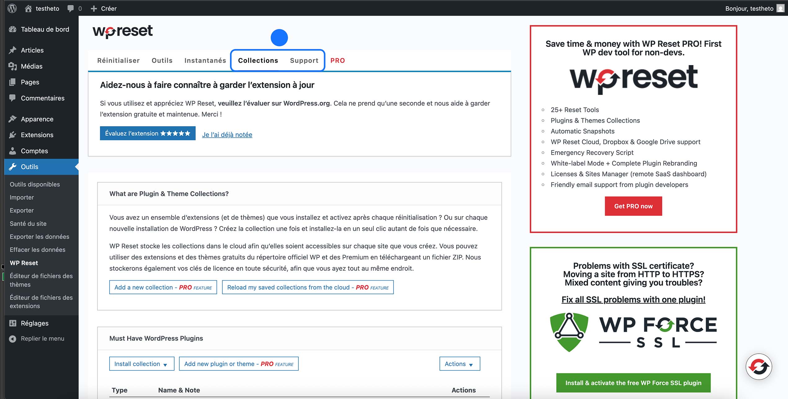 Accès à l’onglet Collections de WP Reset permettant de gérer des ensembles d’extensions et de thèmes réinstallables automatiquement après une réinitialisation du site WordPress.