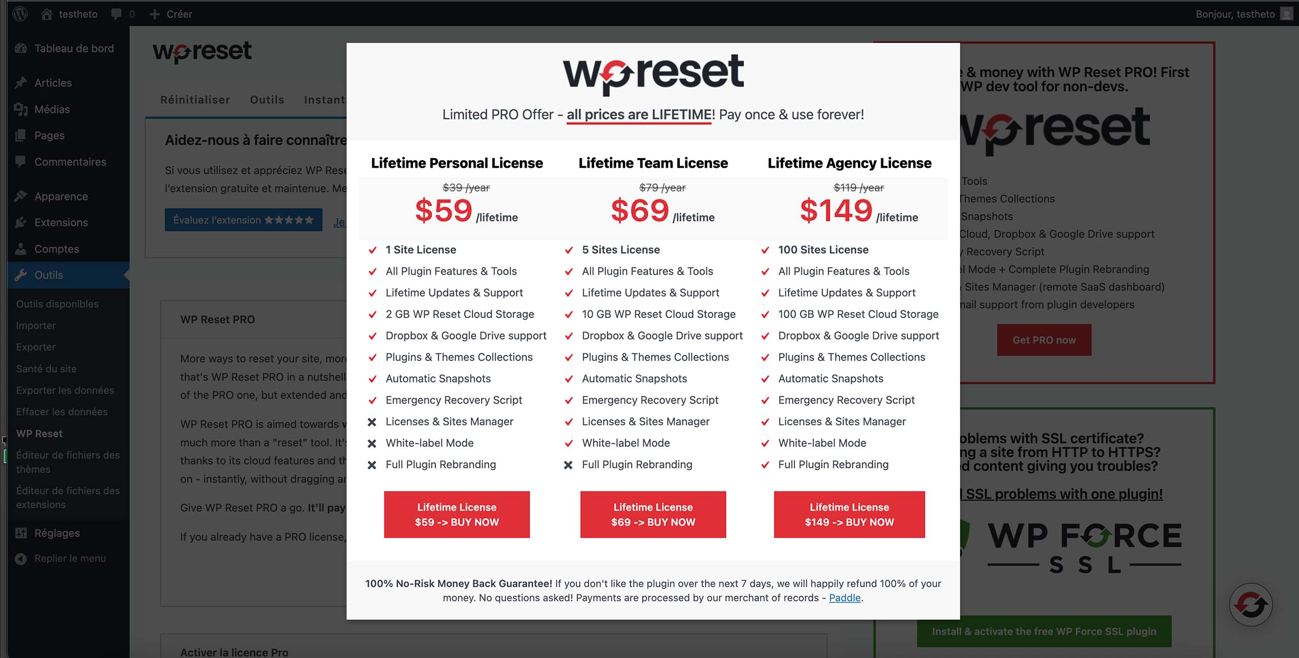 Affichage de la fenêtre de présentation des licences WP Reset PRO proposant différentes offres payantes avec fonctionnalités avancées et utilisation à vie du plugin.