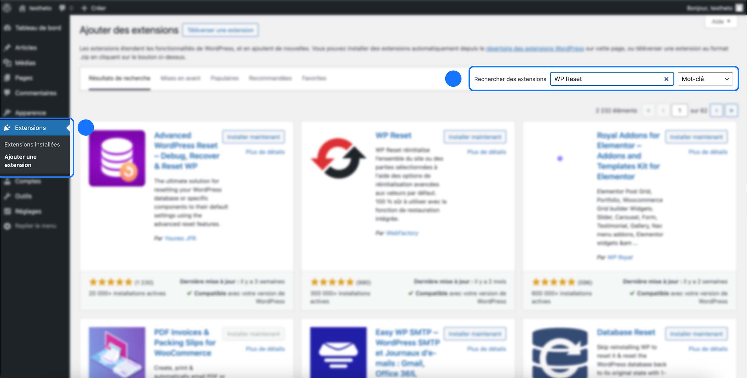 Installation de l’extension **WP Reset** depuis le menu **Extensions → Ajouter**, en utilisant la barre de recherche pour trouver rapidement le plugin et préparer la réinitialisation du site WordPress.
