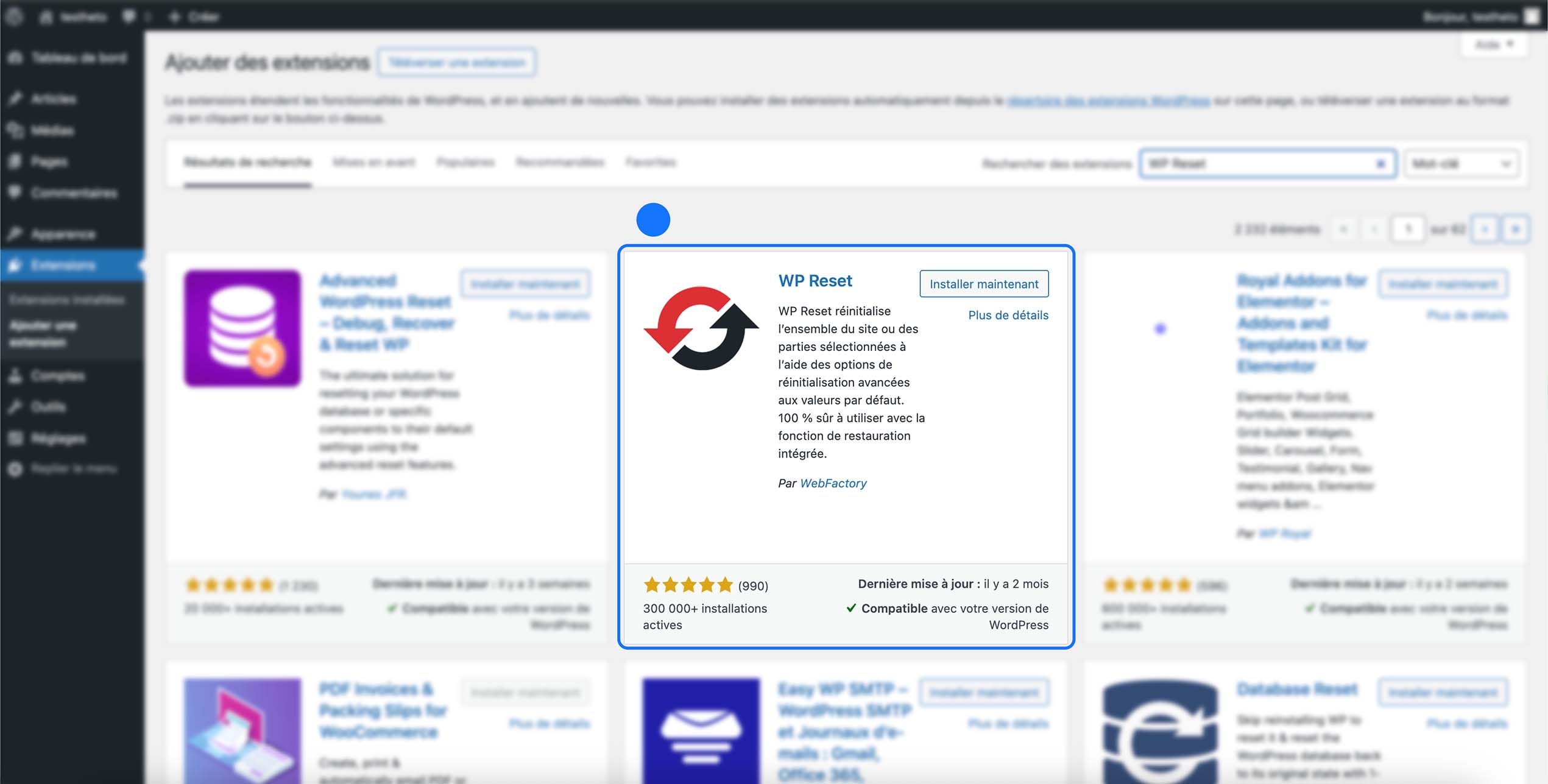 Sélection de l’extension WP Reset dans les résultats de recherche afin de l’installer et permettre la réinitialisation complète ou partielle du site WordPress.