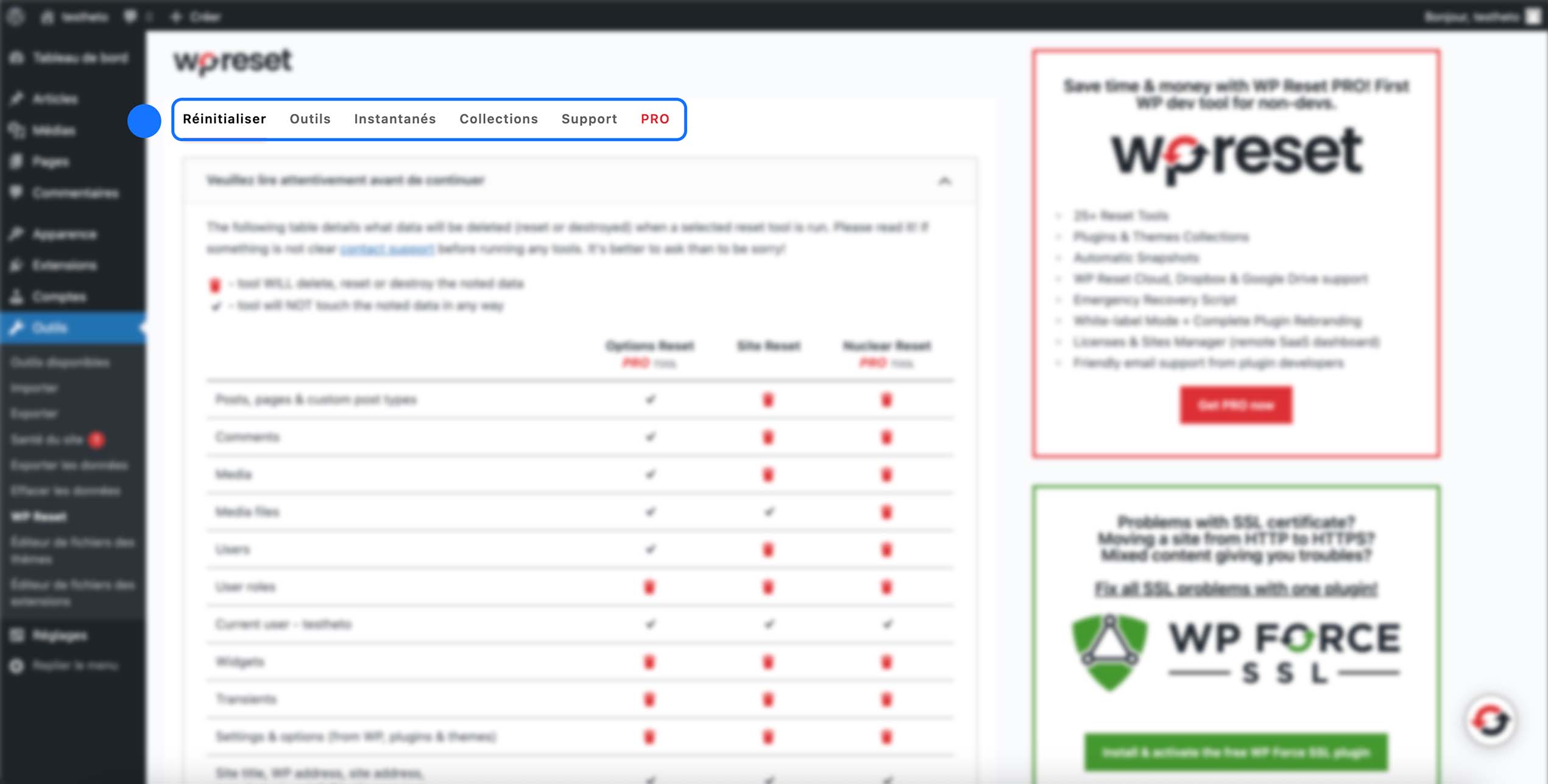 Accès à l’onglet Réinitialiser de l’extension WP Reset pour gérer les options de remise à zéro du site WordPress.