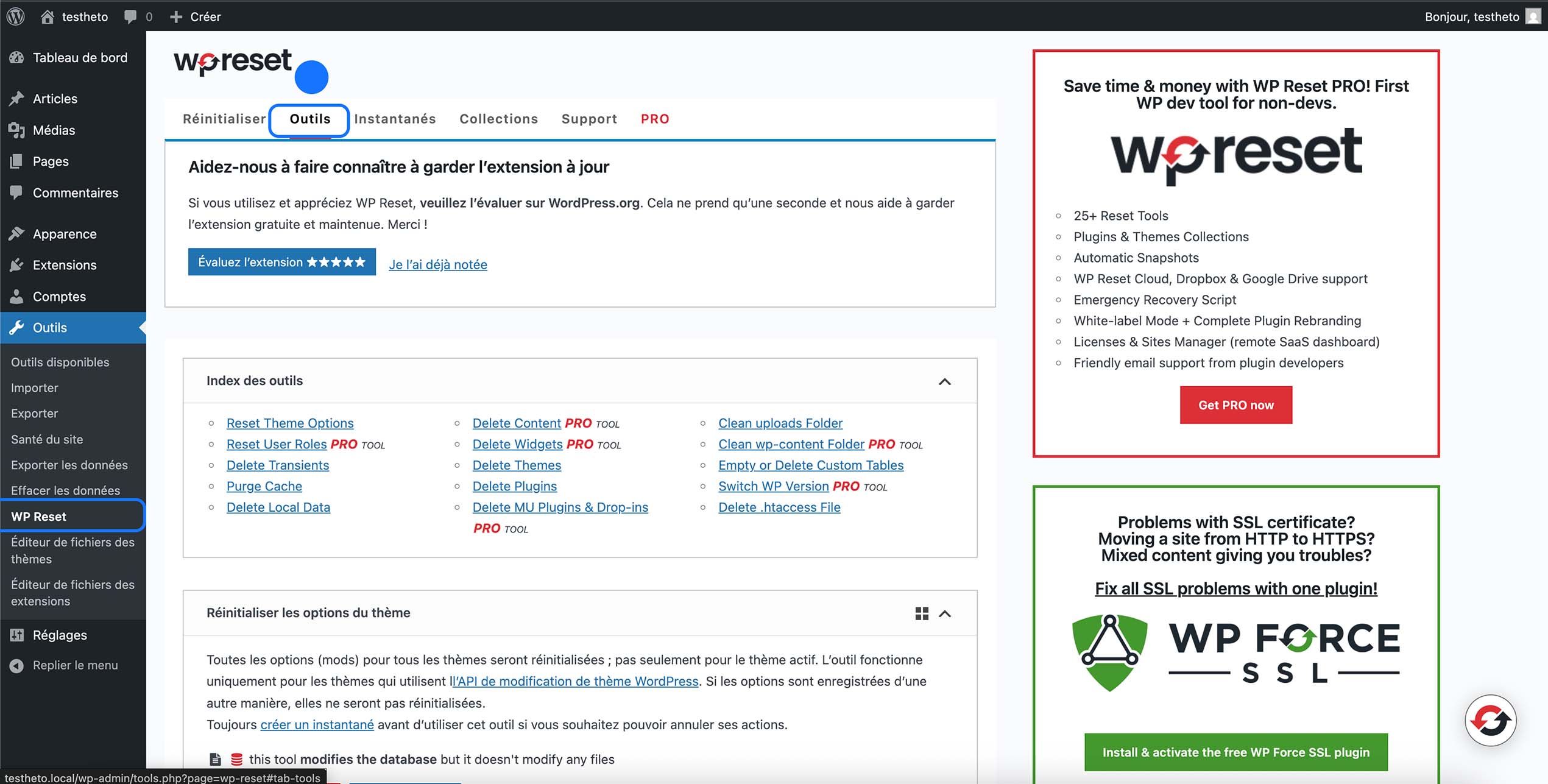 Validation finale de la réinitialisation du site via l’extension WP Reset en confirmant l’action, ce qui restaure WordPress aux paramètres par défaut et supprime l’ensemble du contenu existant.