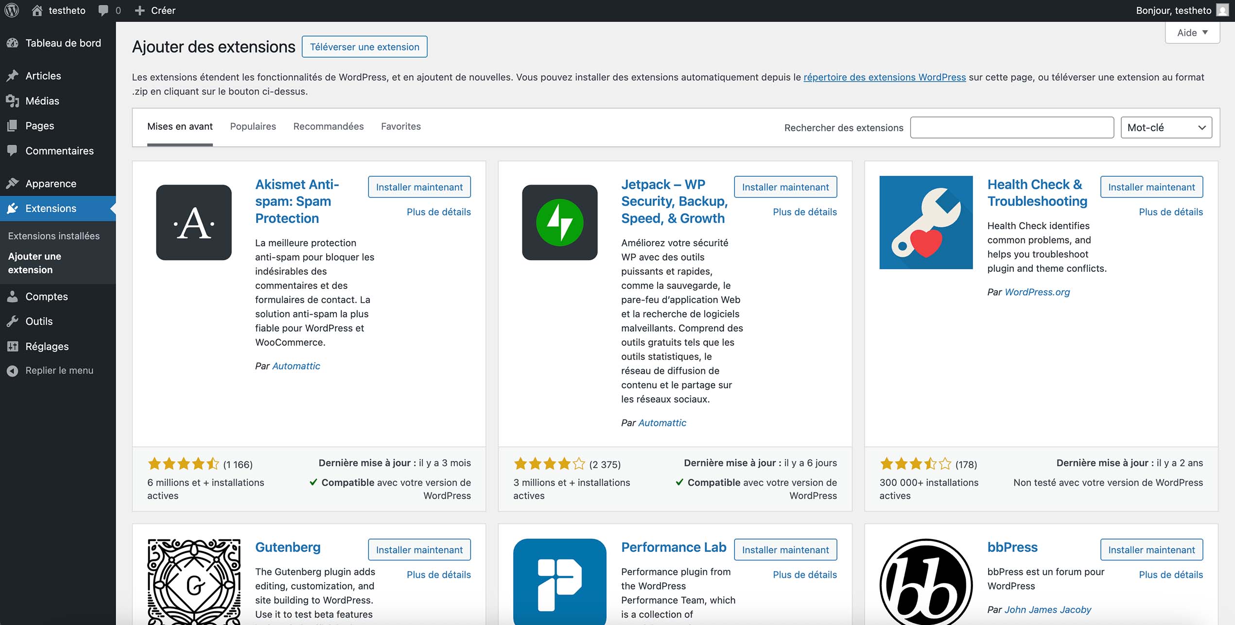 Page d’ajout d’extensions WordPress avec la liste des plugins populaires comme Akismet, Jetpack et Health Check.