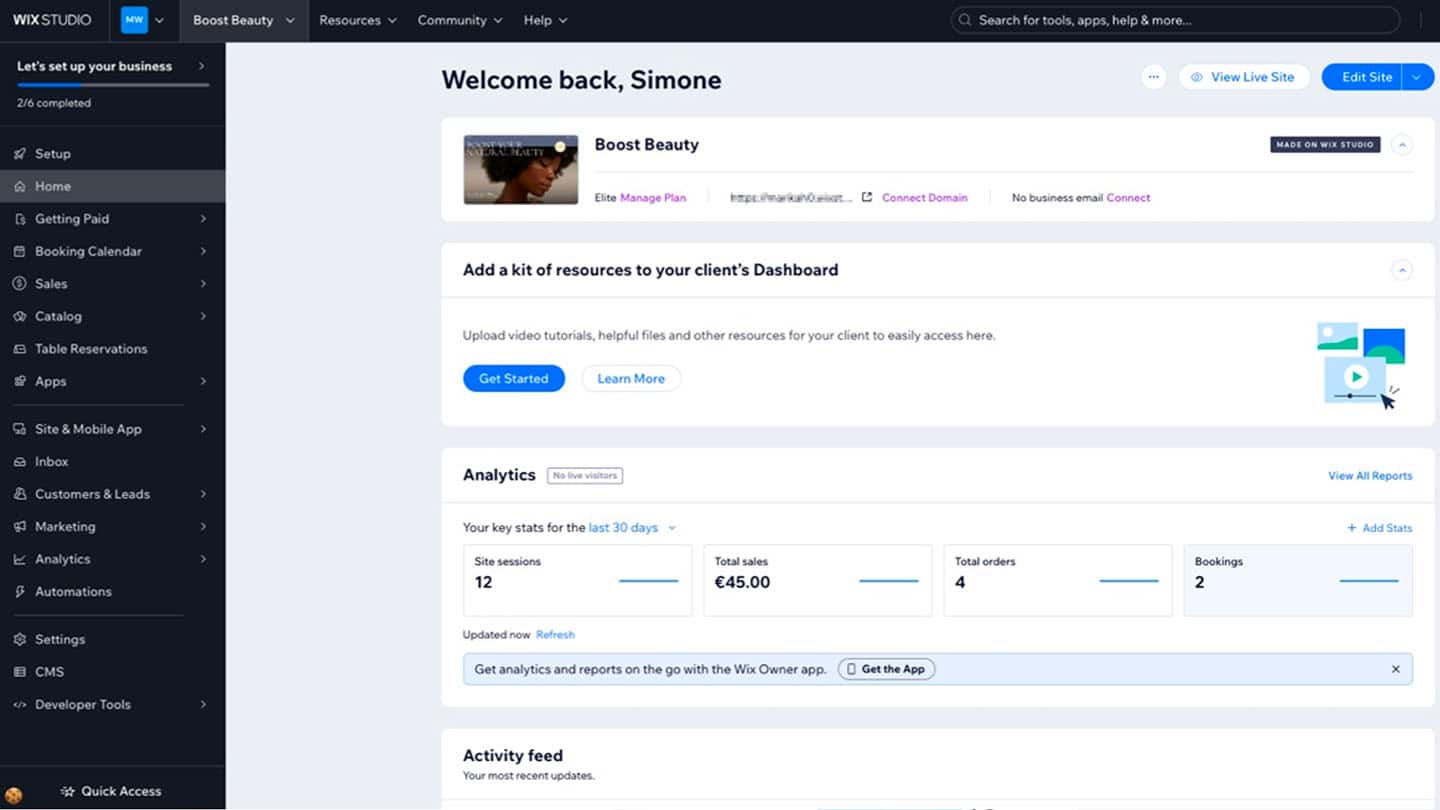 Tableau de bord Wix Studio affichant l’accueil du site Boost Beauty avec statistiques, ventes et options de gestion.