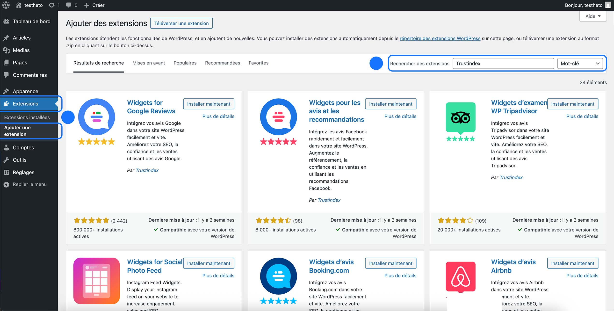Recherche “Trustindex” effectuée dans Extensions → Ajouter, résultats affichés dont “Widgets for Google Reviews” par Trustindex, prêt à être installé.