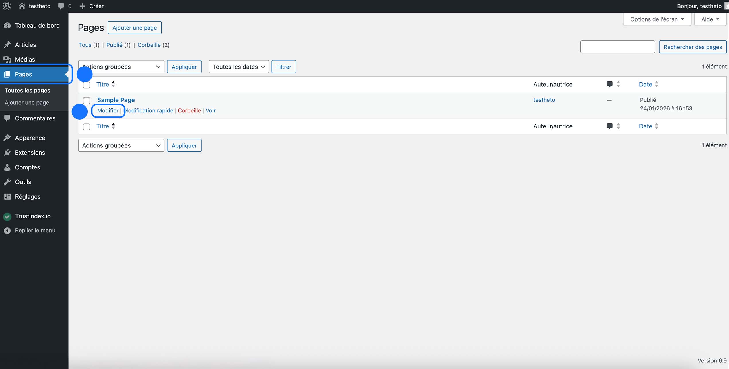 Page "Pages" ouverte et bouton Modifier sélectionné sur Sample Page.