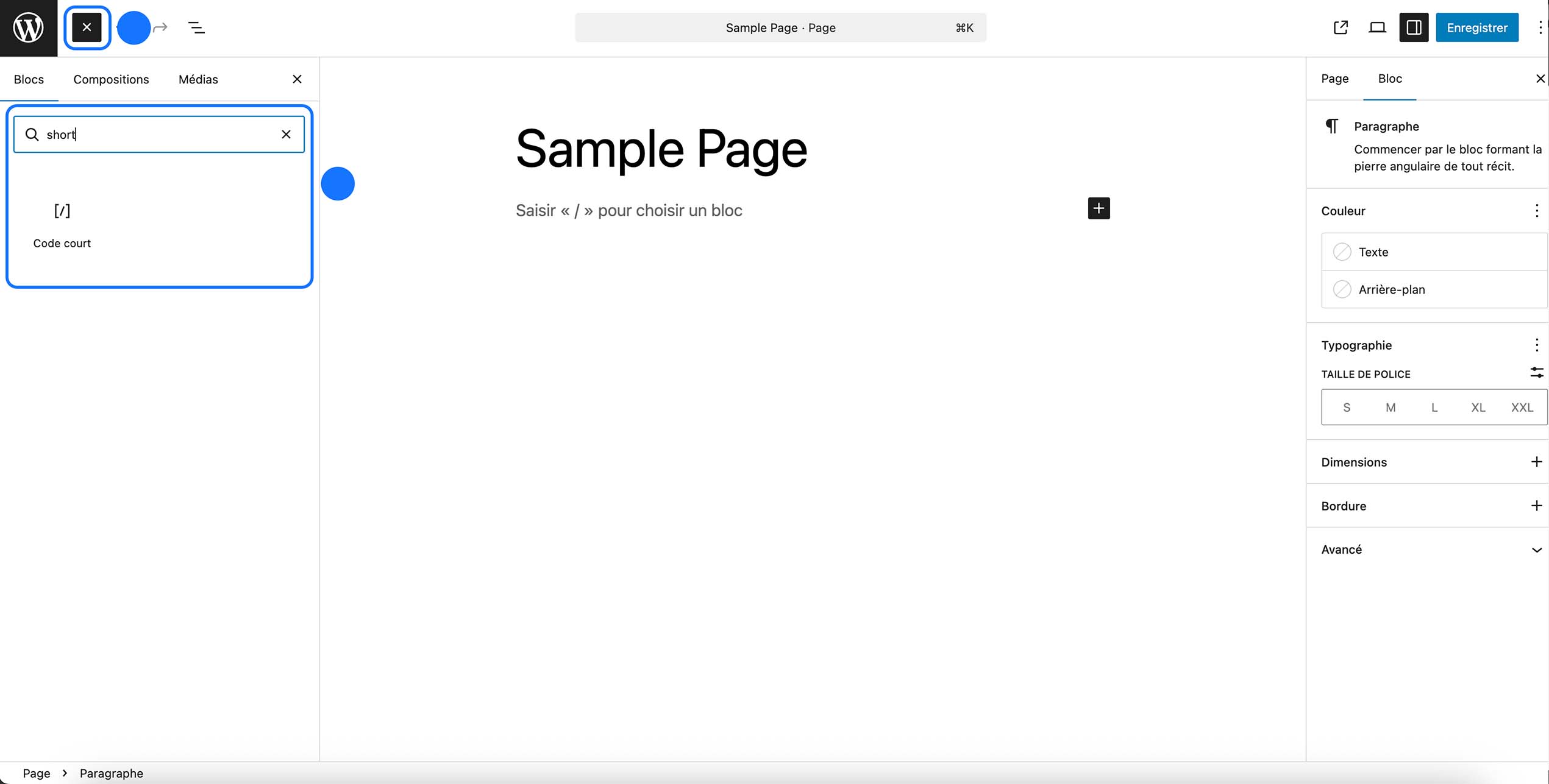 Recherche “short” dans l’éditeur de blocs et sélection du bloc Code court.