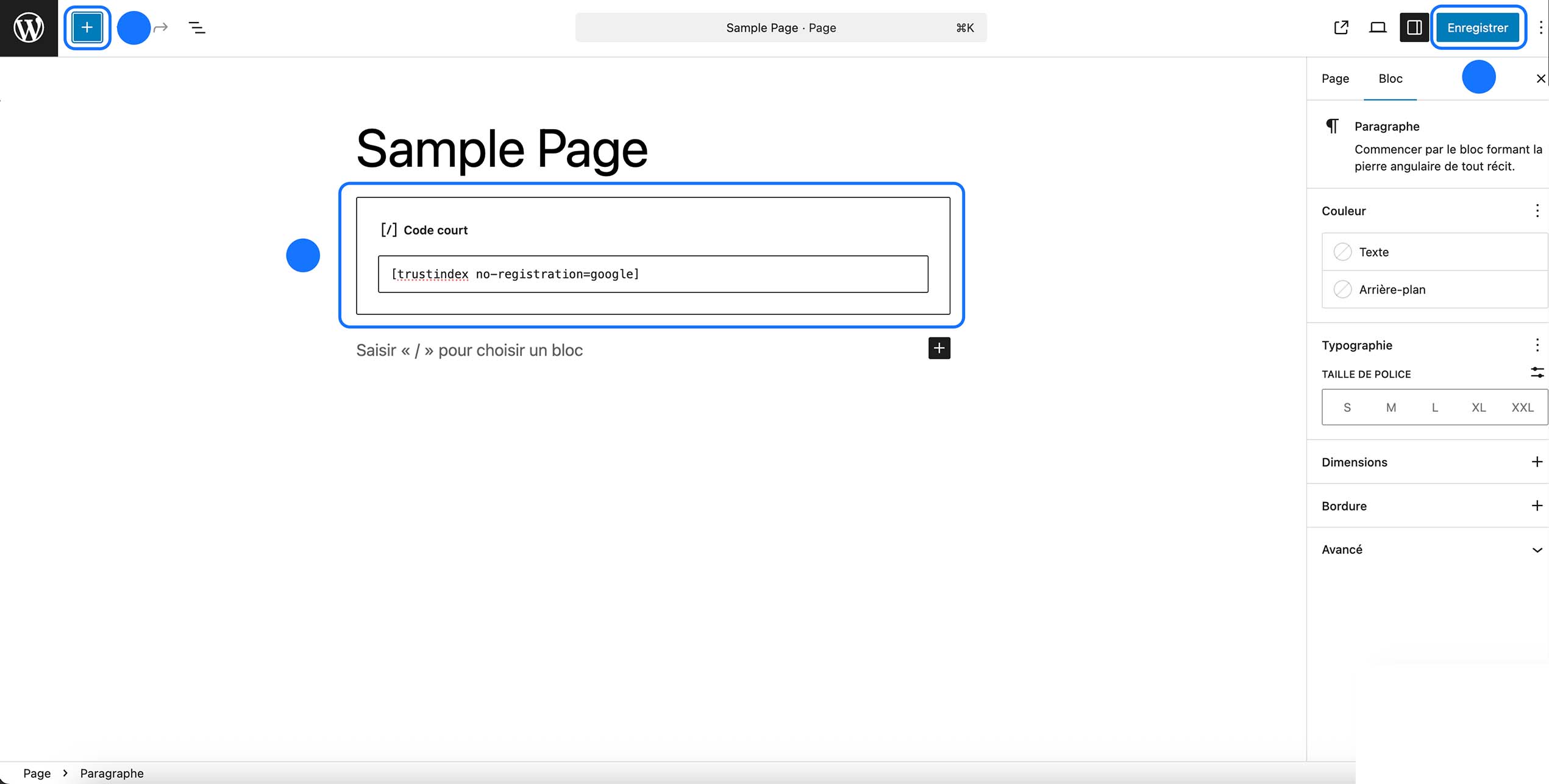 Bloc Code court inséré avec le shortcode Trustindex pour afficher les avis Google.