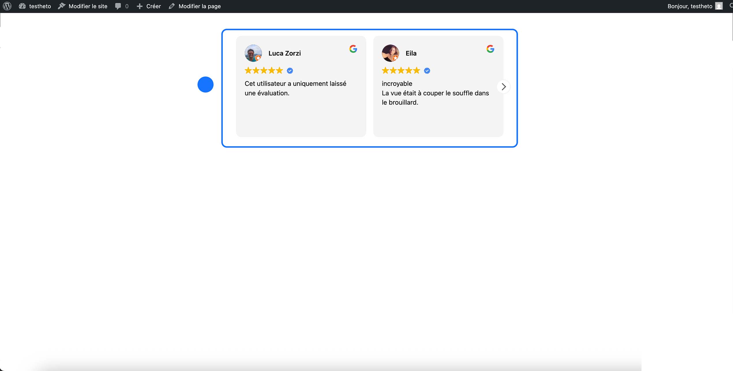 Avis clients affichés sous forme de cartes avec nom, note 5 étoiles et commentaire Google.