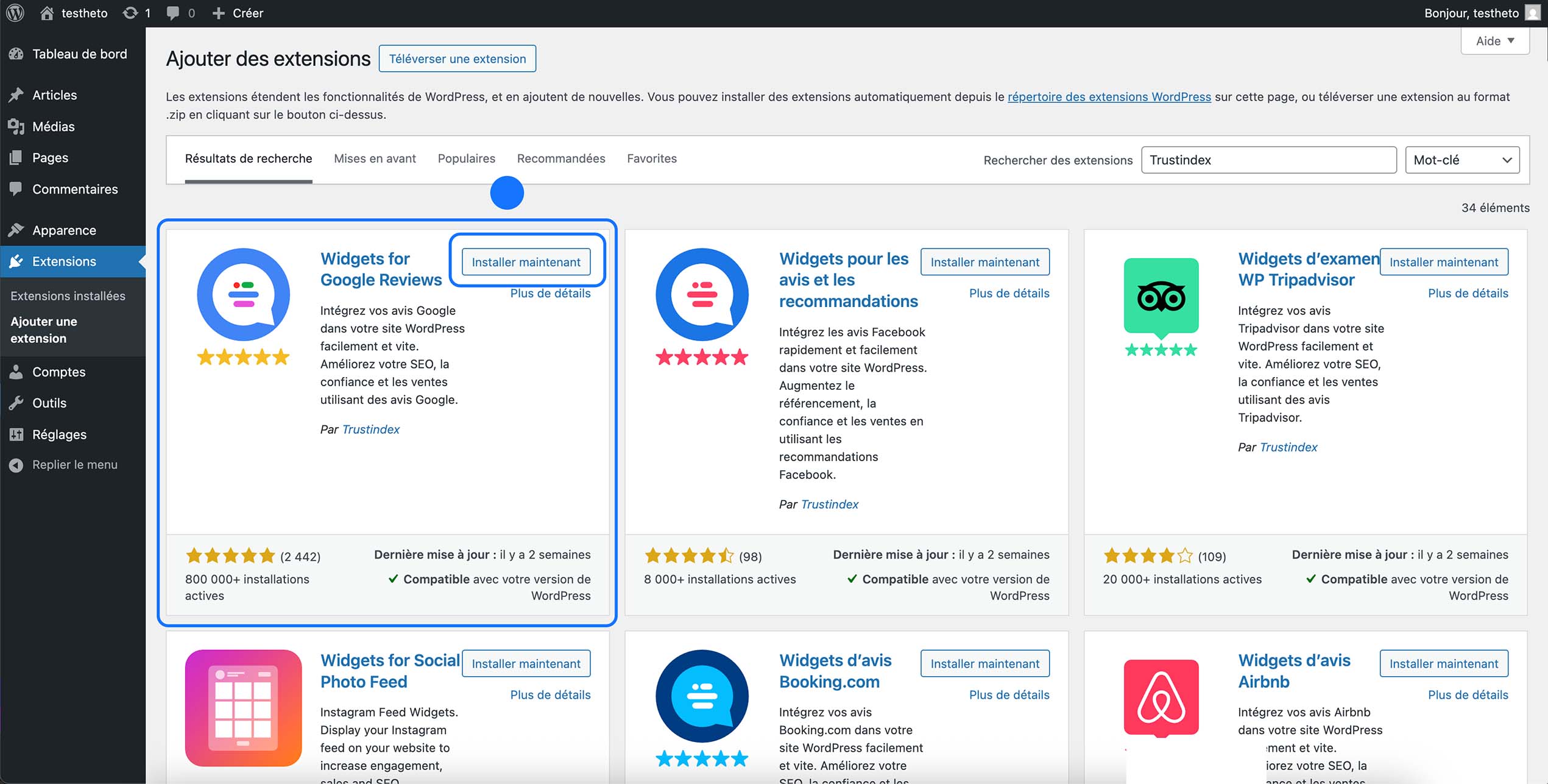 Extension “Widgets for Google Reviews” par Trustindex trouvée dans Extensions → Ajouter, bouton Installer maintenant visible pour l’installation.