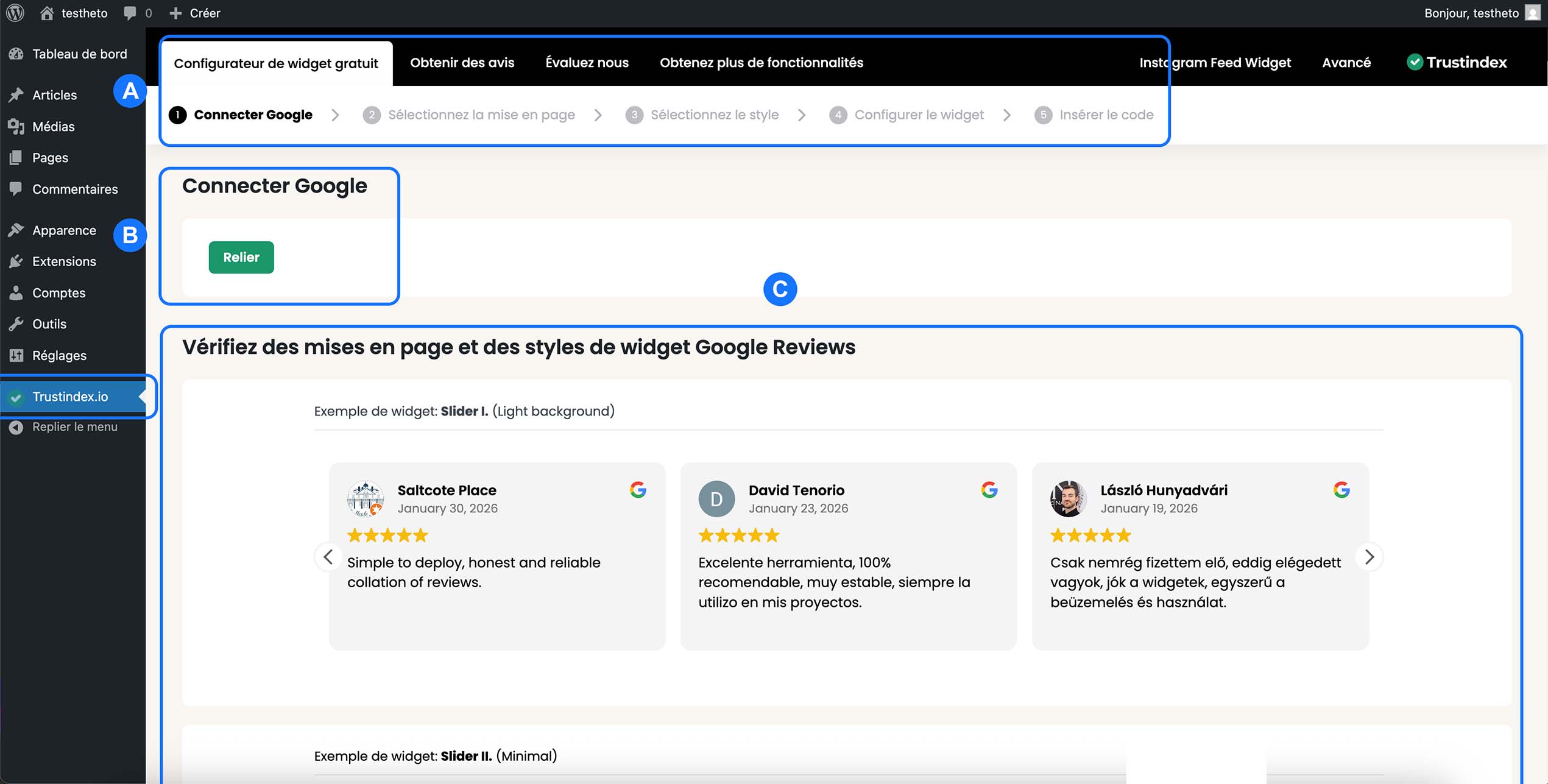 Étape Connecter Google visible dans le configurateur, bouton Relier affiché, et aperçu des widgets Google Reviews (style Slider, fond clair) présenté en dessous.