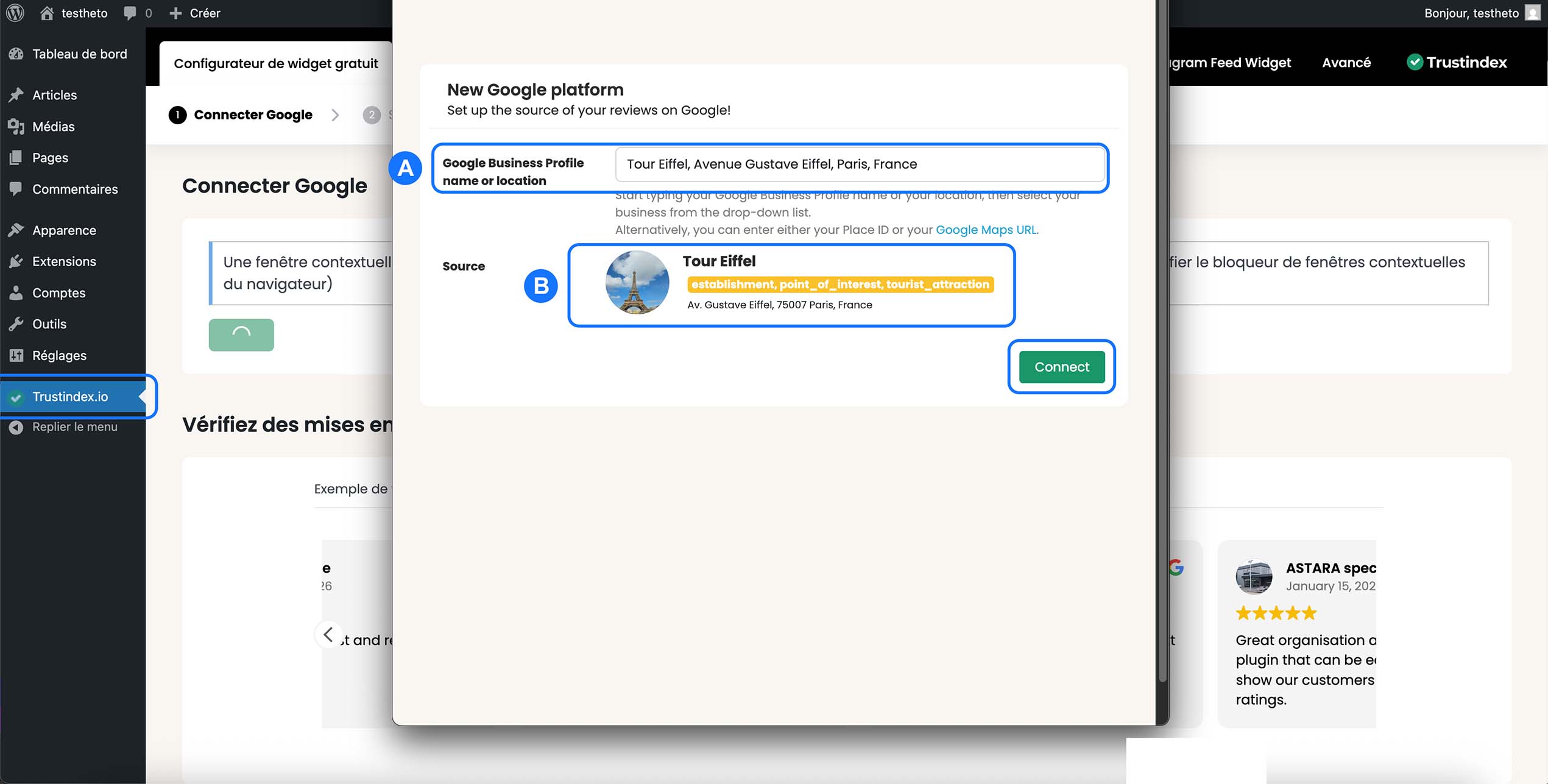 Fenêtre Connecter Google affichée : recherche du profil Google Business saisie, fiche Tour Eiffel sélectionnée comme source, bouton Connect visible.