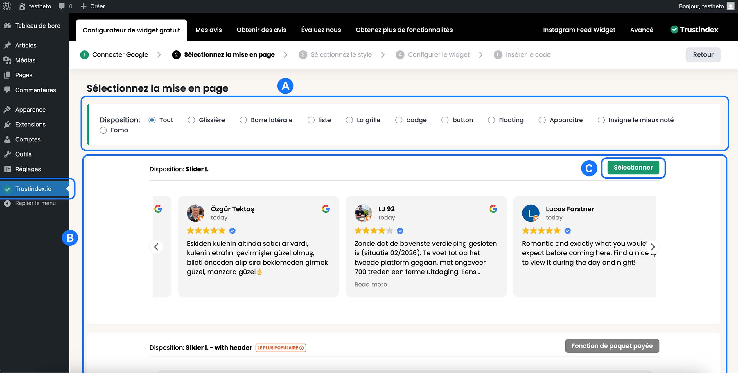 Écran “Sélectionnez la mise en page” du configurateur Trustindex affiché, disposition Slider I. avec aperçu des avis et bouton Sélectionner visible.