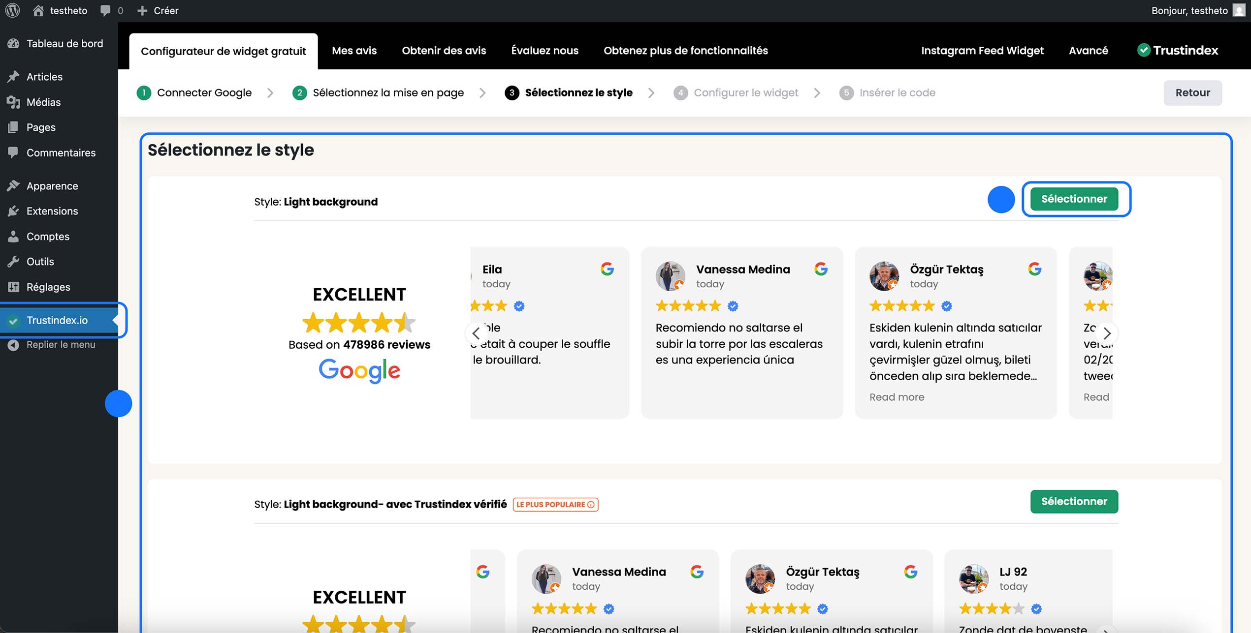 Écran “Sélectionnez le style” du widget Trustindex affiché, aperçu du style Light background avec note Google “Excellent” et bouton Sélectionner visible.