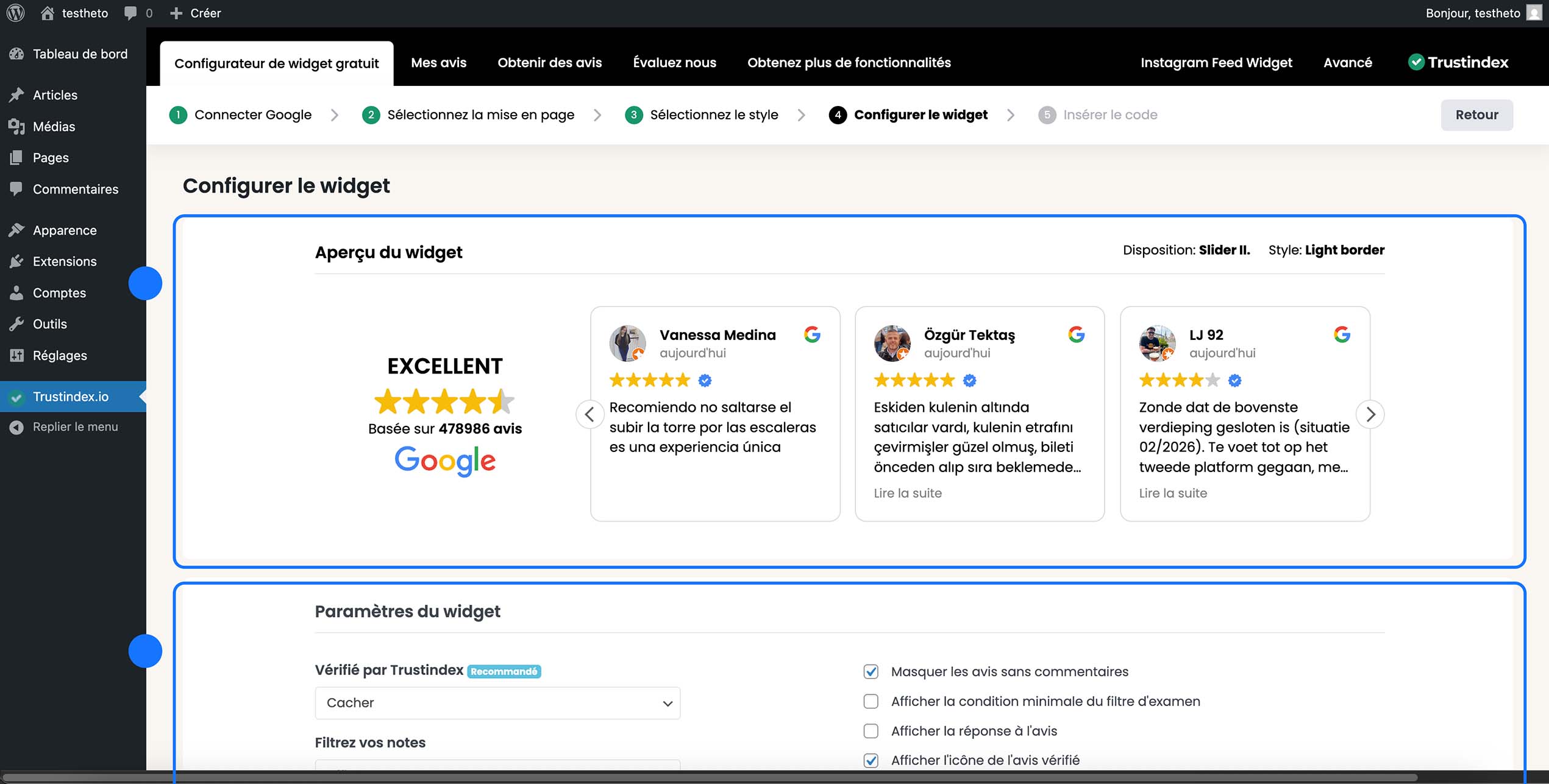 Aperçu du widget Trustindex affiché avec note Google “Excellent”, avis en slider, section Paramètres du widget visible dessous.