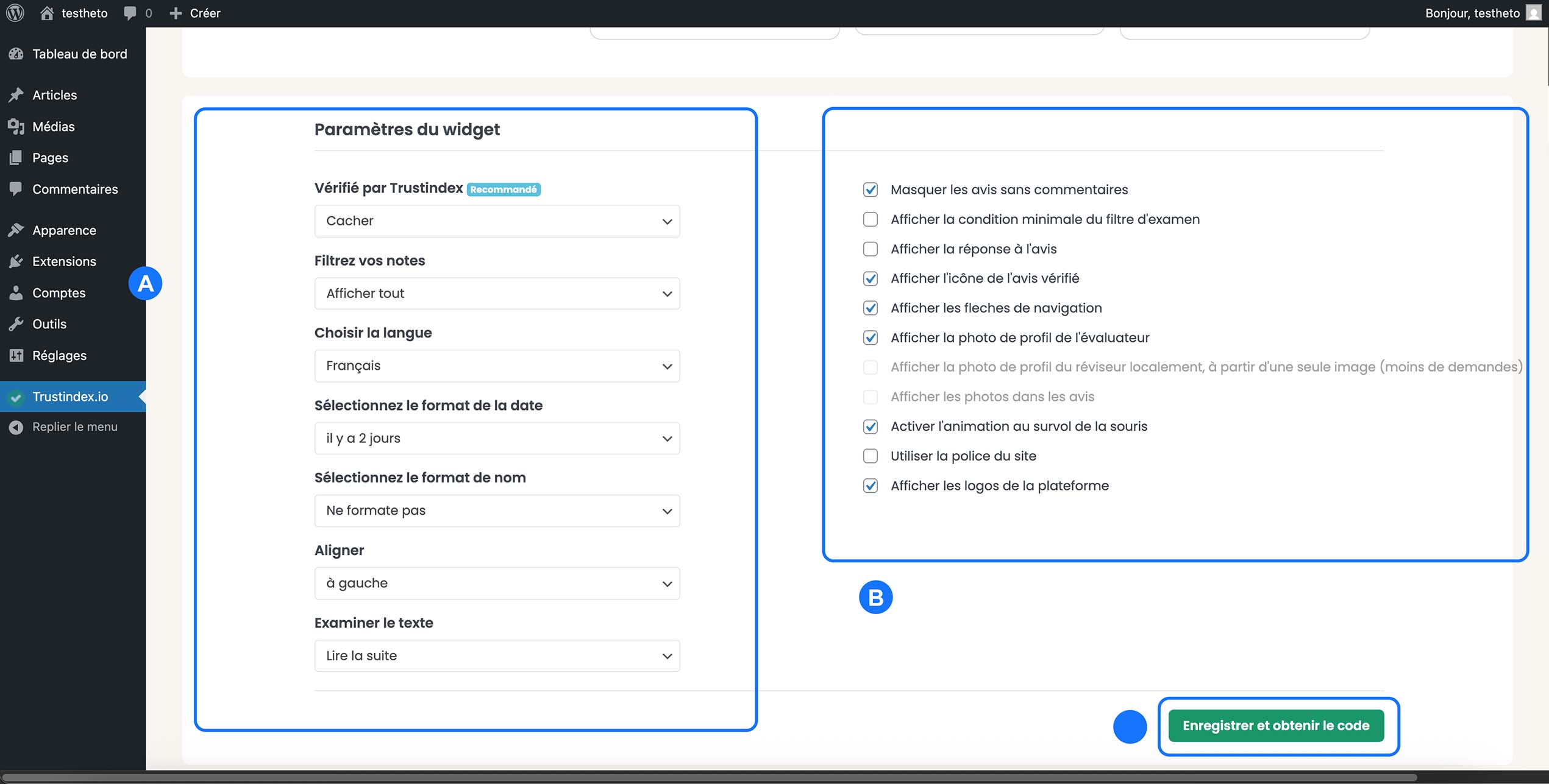 Paramètres du widget Trustindex affichés, options de filtres et cases à cocher visibles, bouton Enregistrer et obtenir le code présent.
