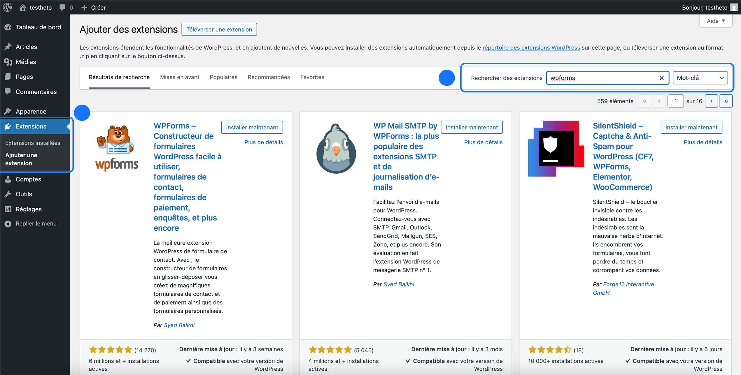 Ajoutez une extension en recherchant “WPForms” dans la barre de recherche des extensions WordPress, puis cliquez sur “Installer maintenant” et “Activer” pour commencer à créer votre formulaire.
