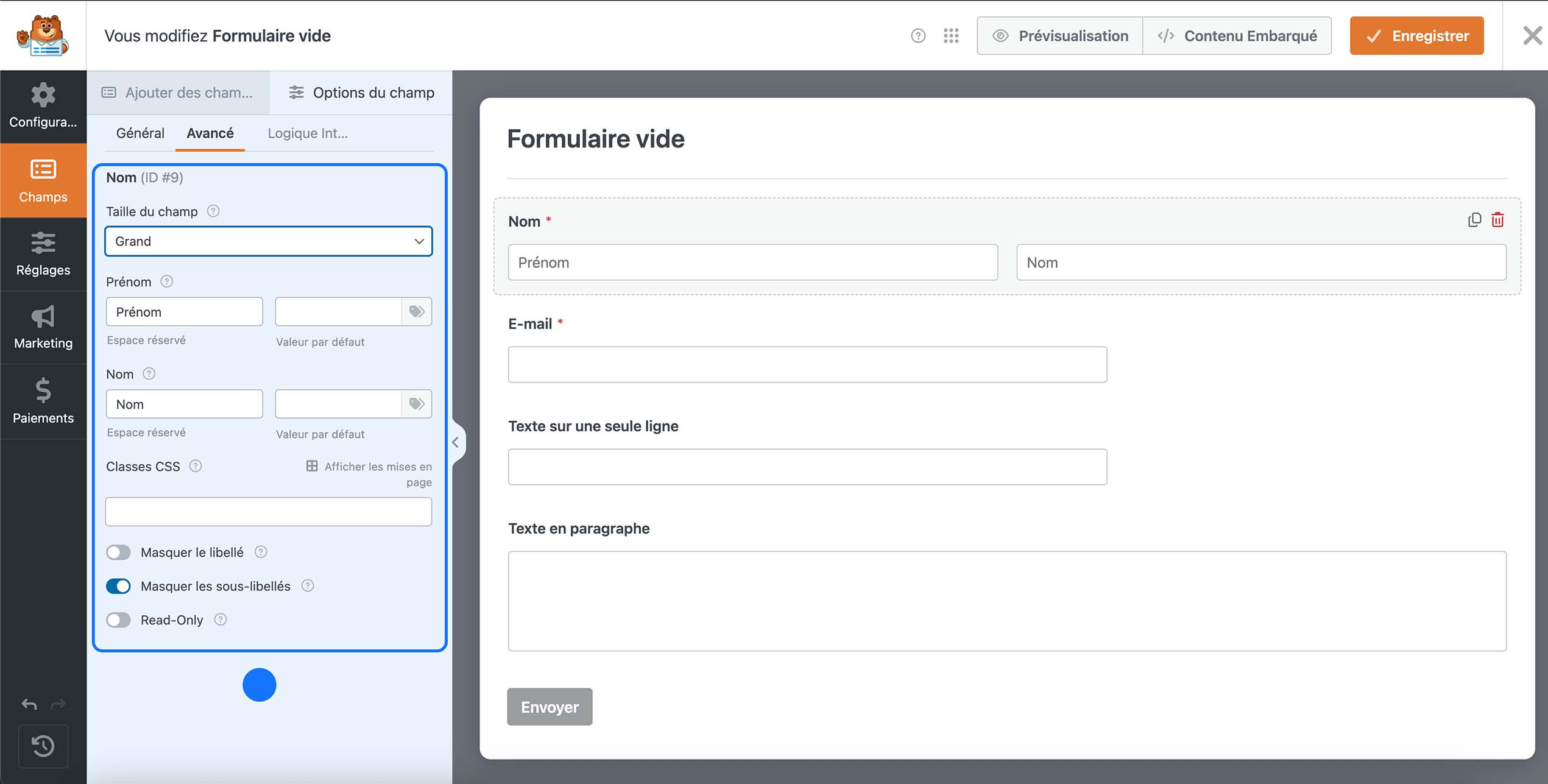 Paramètres avancés du champ Nom dans un formulaire WordPress avec taille, classes CSS et options d’affichage.