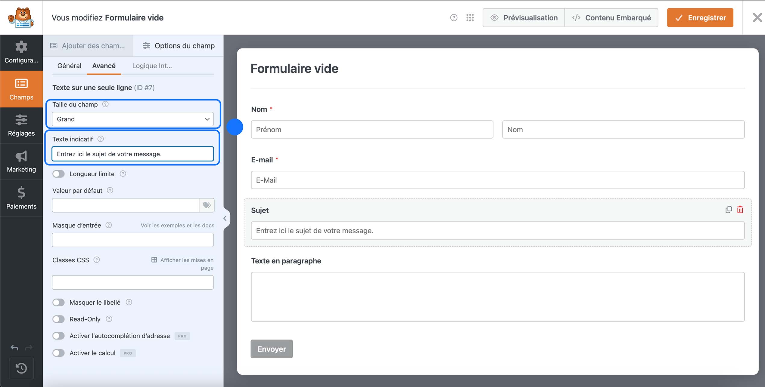 Configuration du champ Sujet dans un formulaire WordPress avec texte indicatif personnalisé.