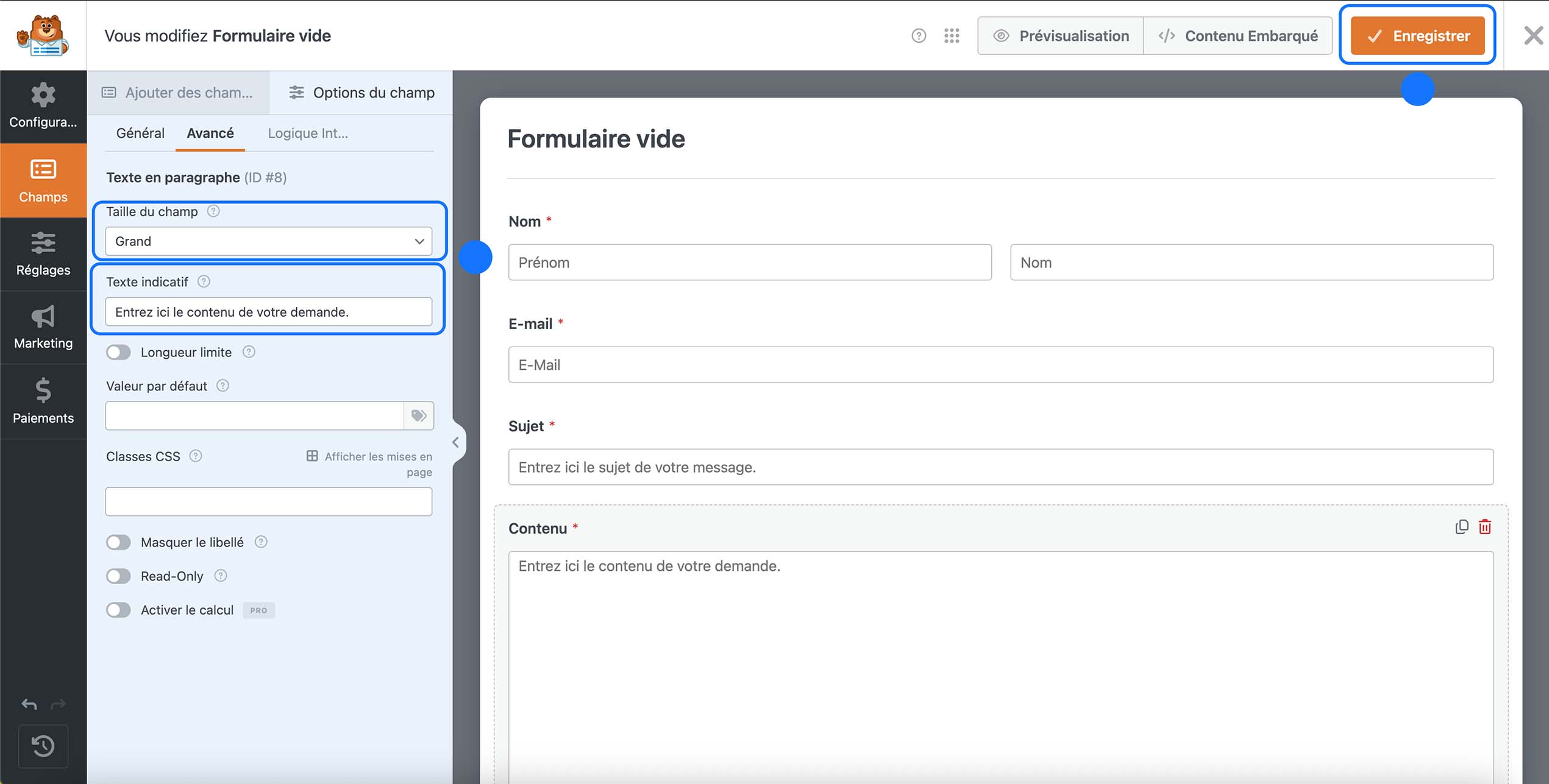 Configuration du champ Contenu et bouton Enregistrer dans l’éditeur de formulaire WordPress.