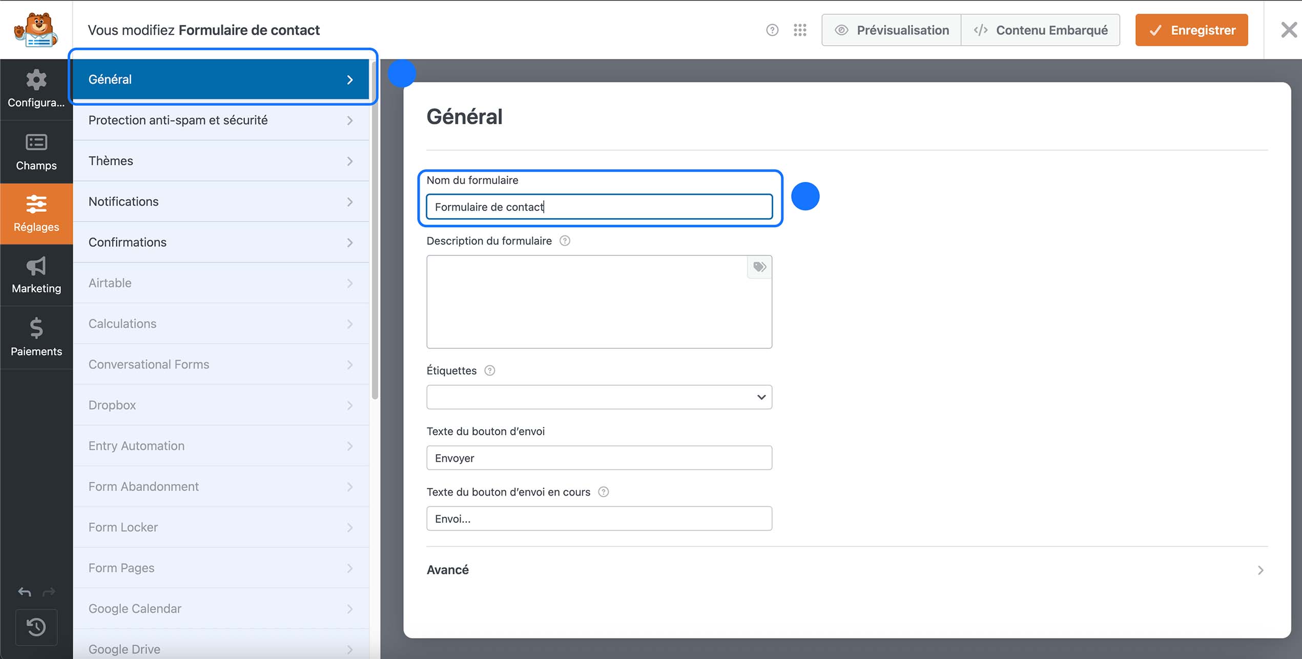 Paramètres généraux d’un formulaire de contact WordPress avec modification du nom et options d’envoi.