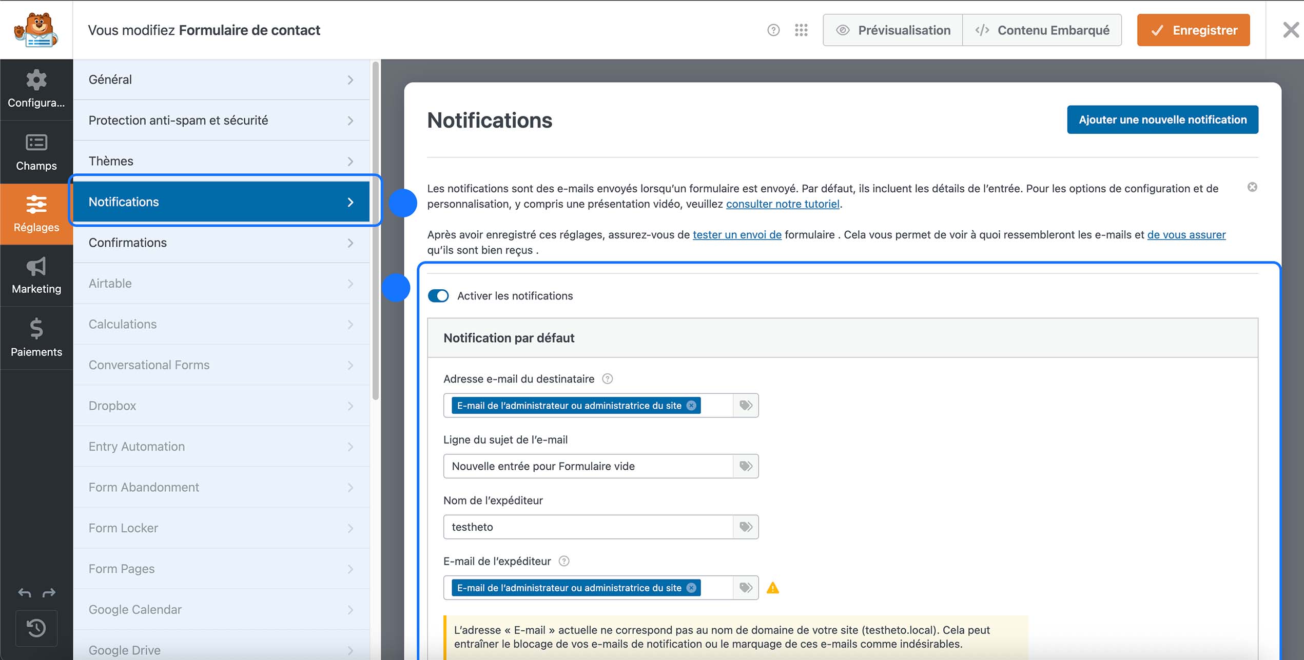 Paramétrage des notifications e-mail d’un formulaire de contact WordPress avec destinataire et objet personnalisé.