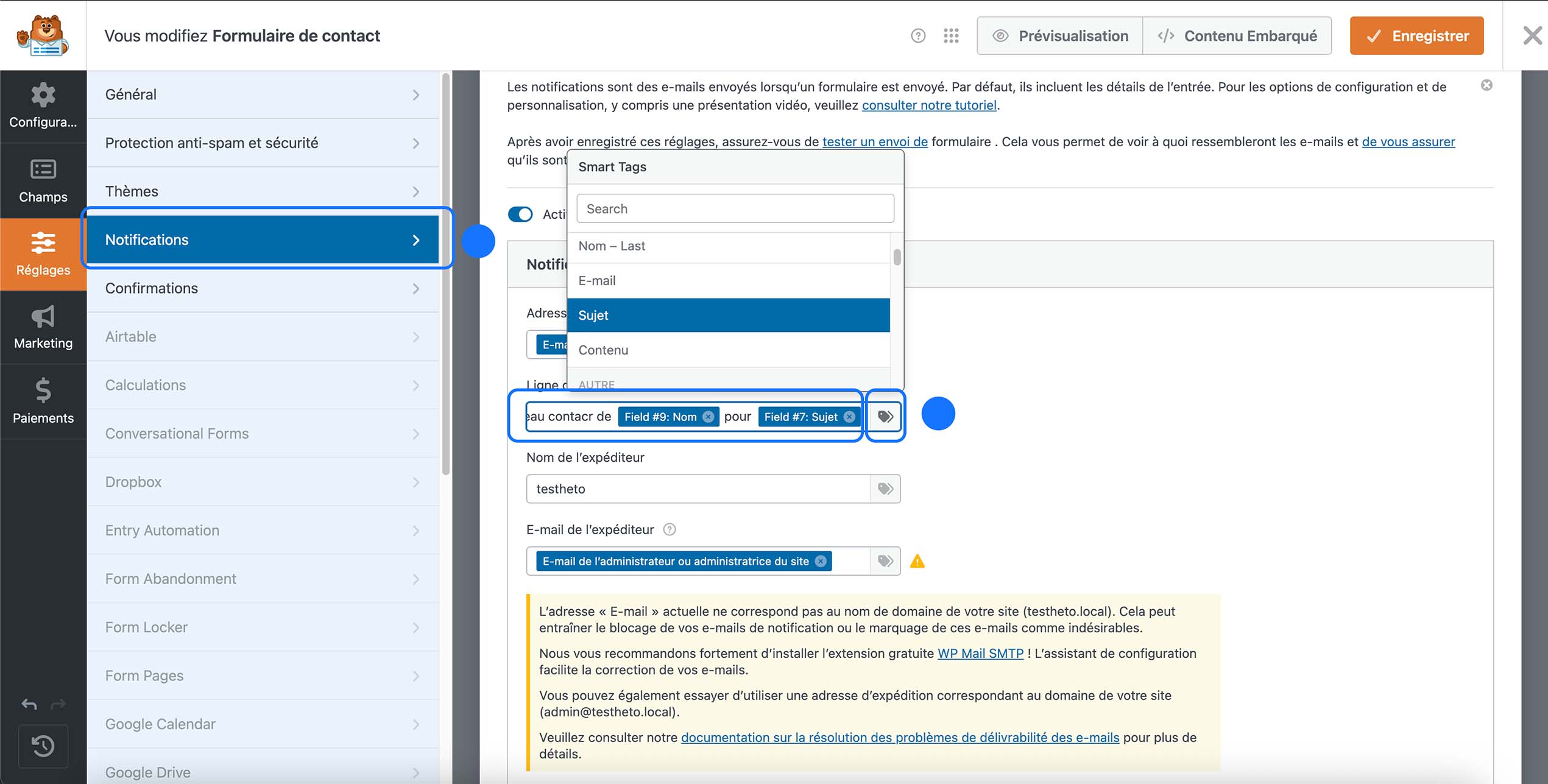 Configuration des notifications WordPress avec insertion de Smart Tags pour personnaliser l’objet de l’e-mail du formulaire.