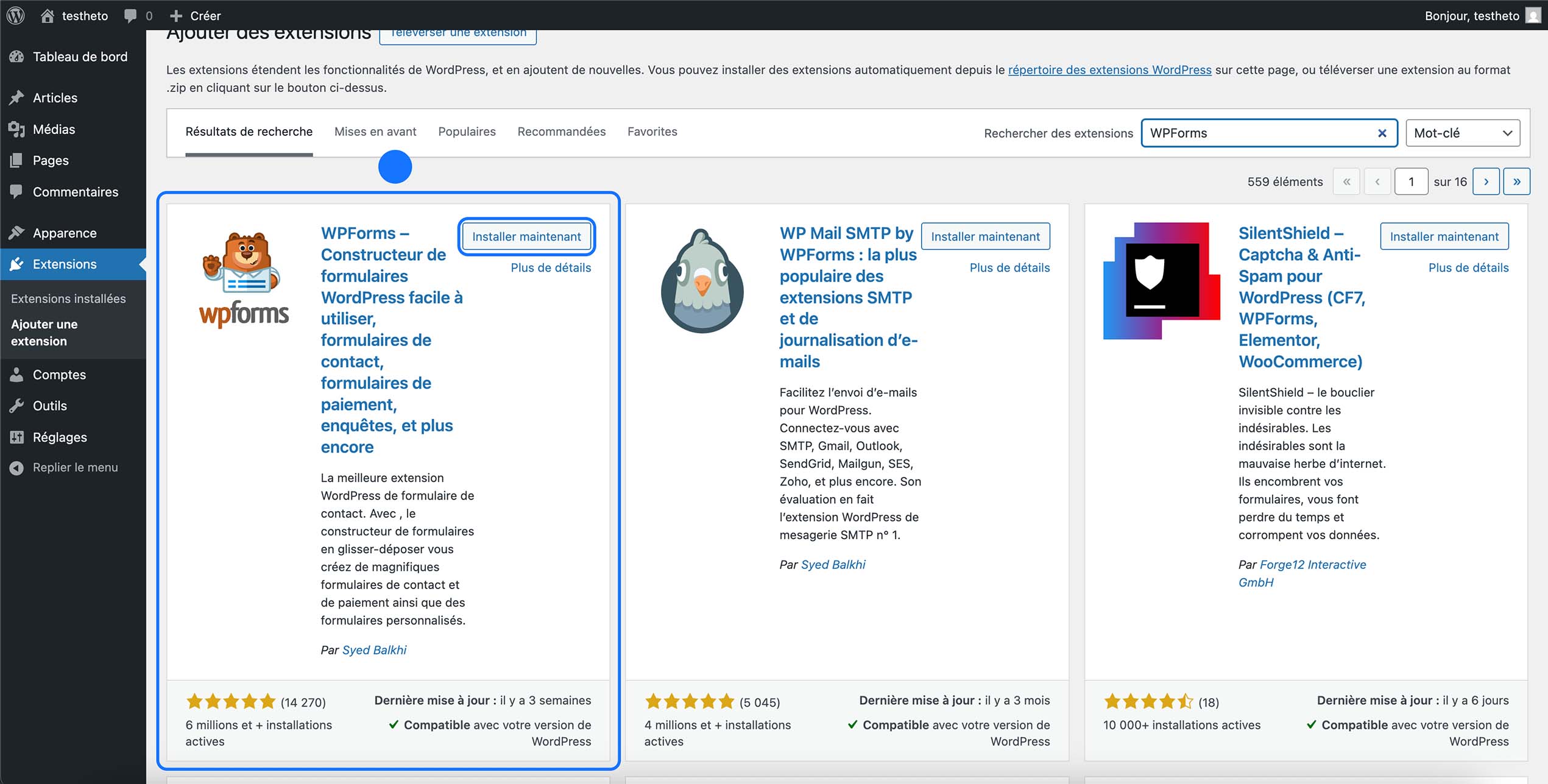 Installation de l’extension WPForms depuis la page Extensions du tableau de bord WordPress