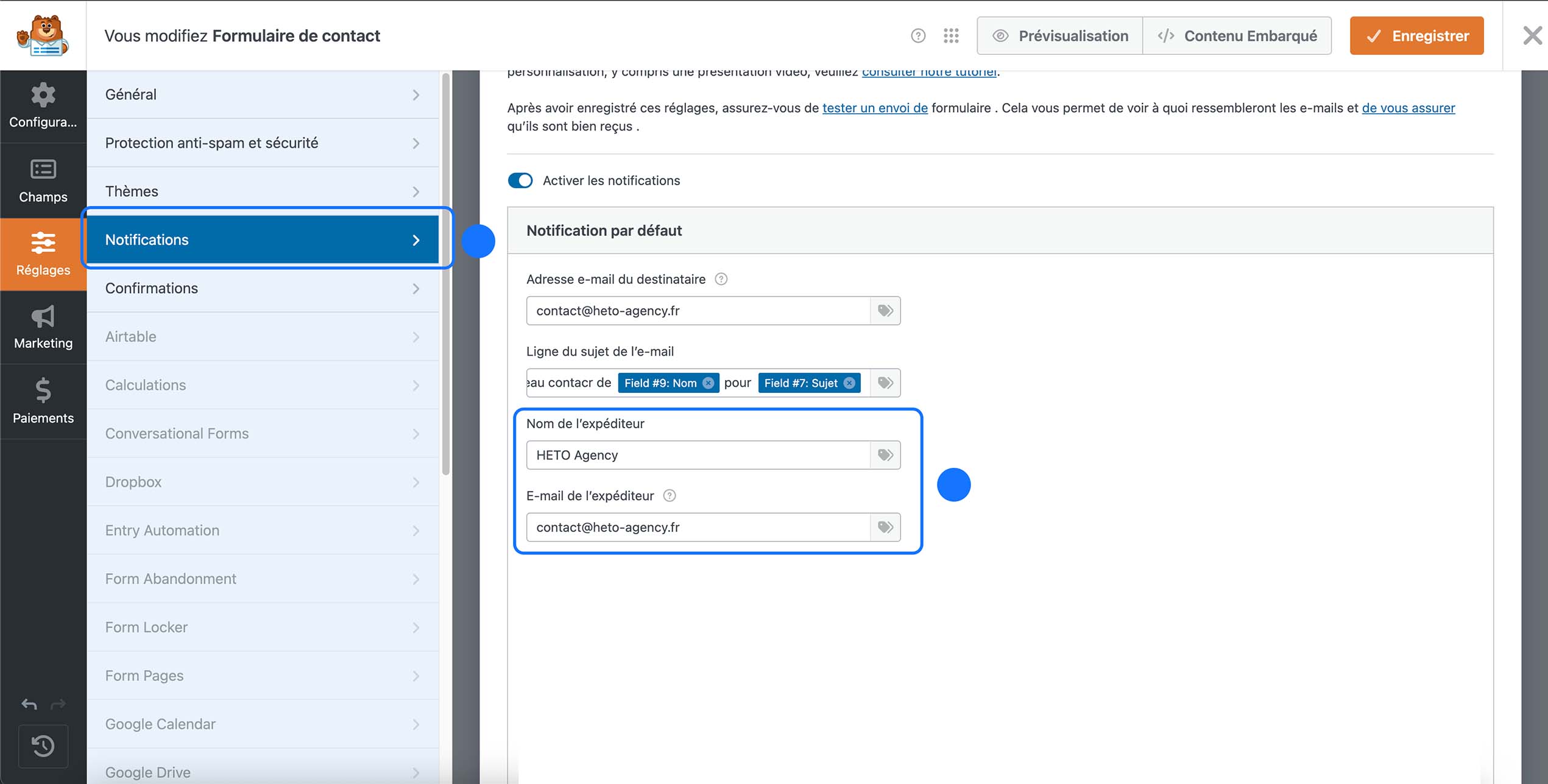Paramétrage du nom et de l’e-mail de l’expéditeur dans les notifications d’un formulaire WordPress.