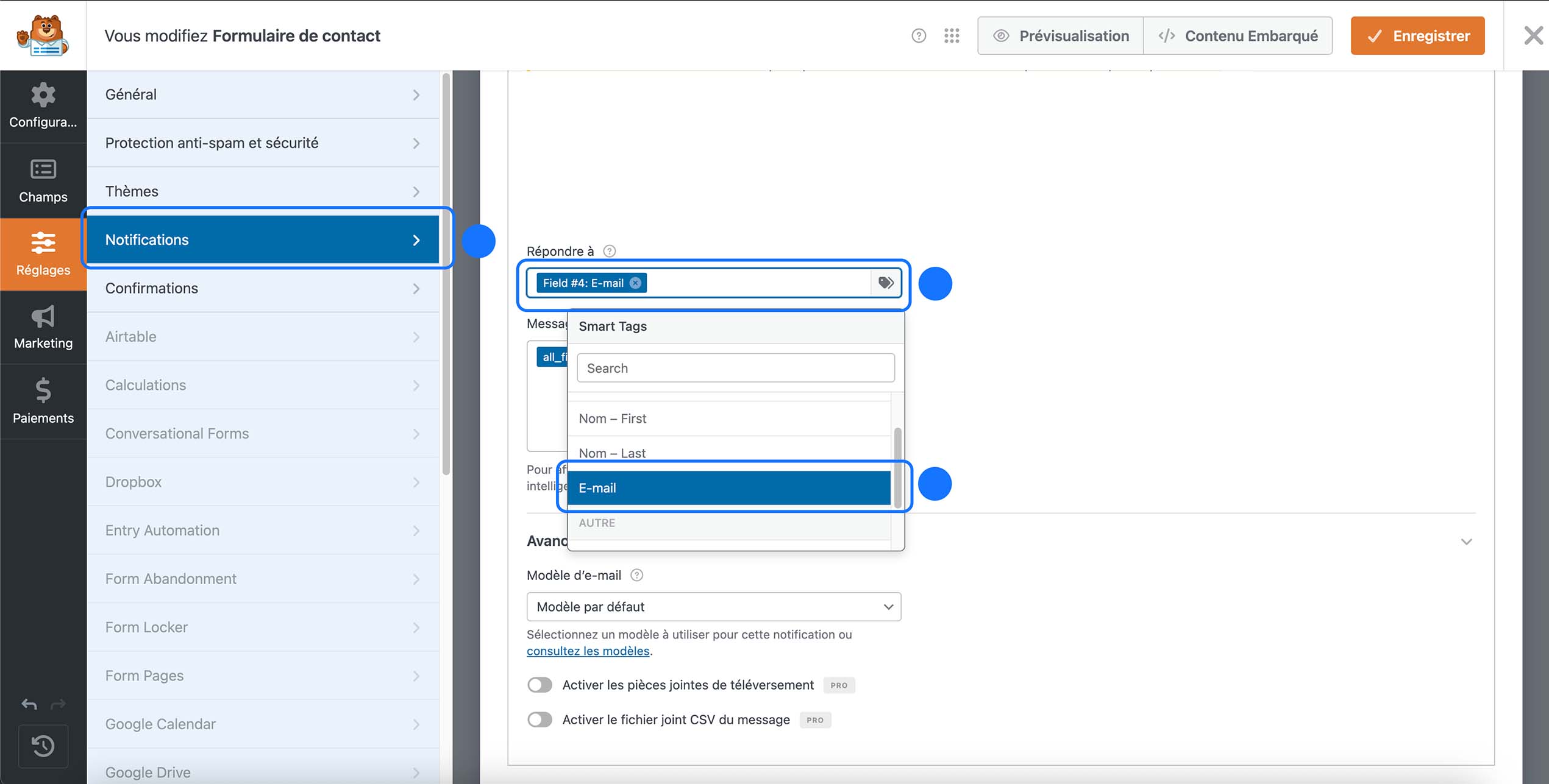 Configuration du champ Répondre à avec Smart Tags E-mail dans les notifications d’un formulaire WordPress.
