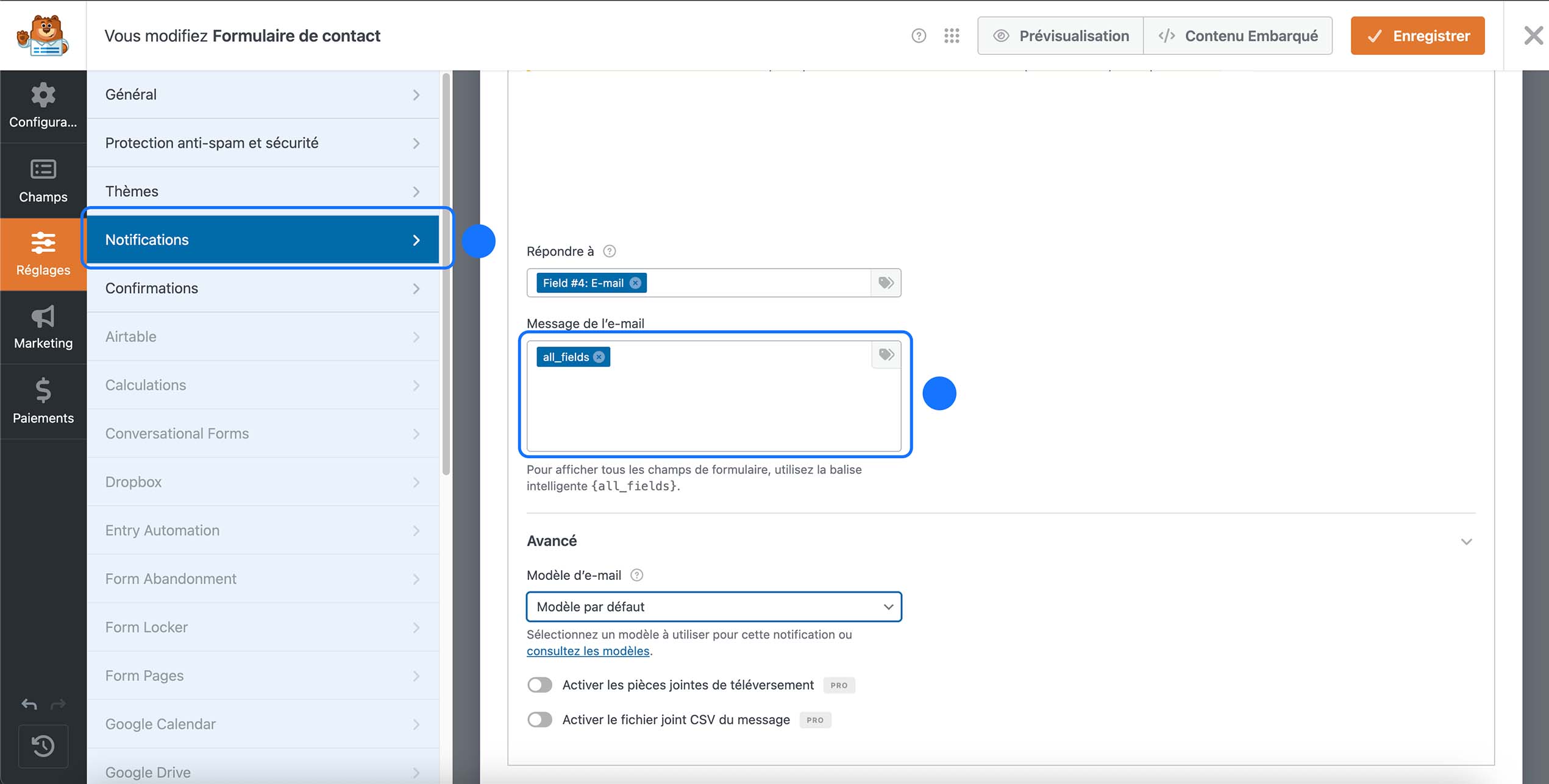 Configuration du message de notification avec la balise intelligente all_fields dans un formulaire WordPress.