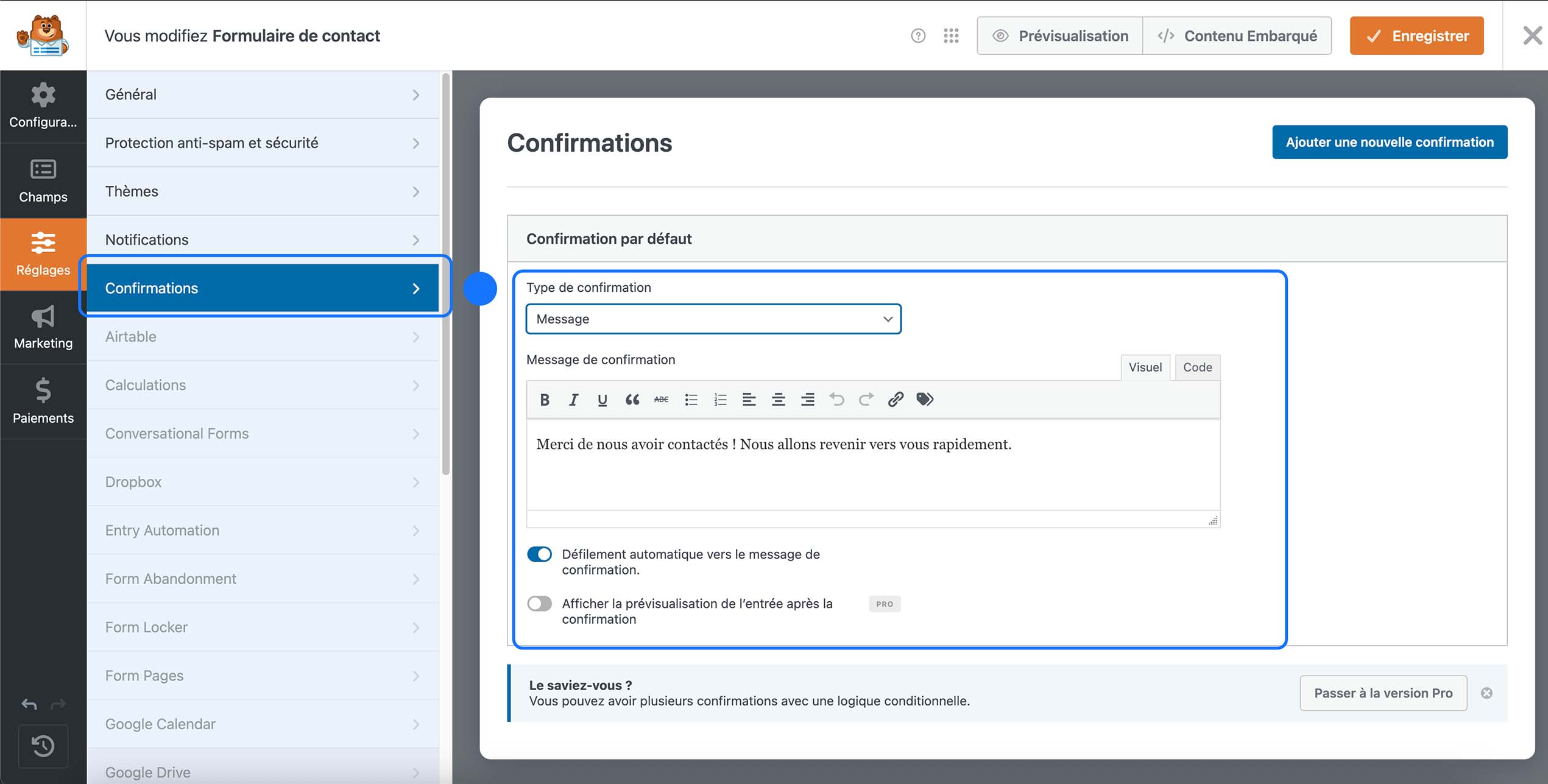 Configuration du message de confirmation après envoi d’un formulaire de contact WordPress.