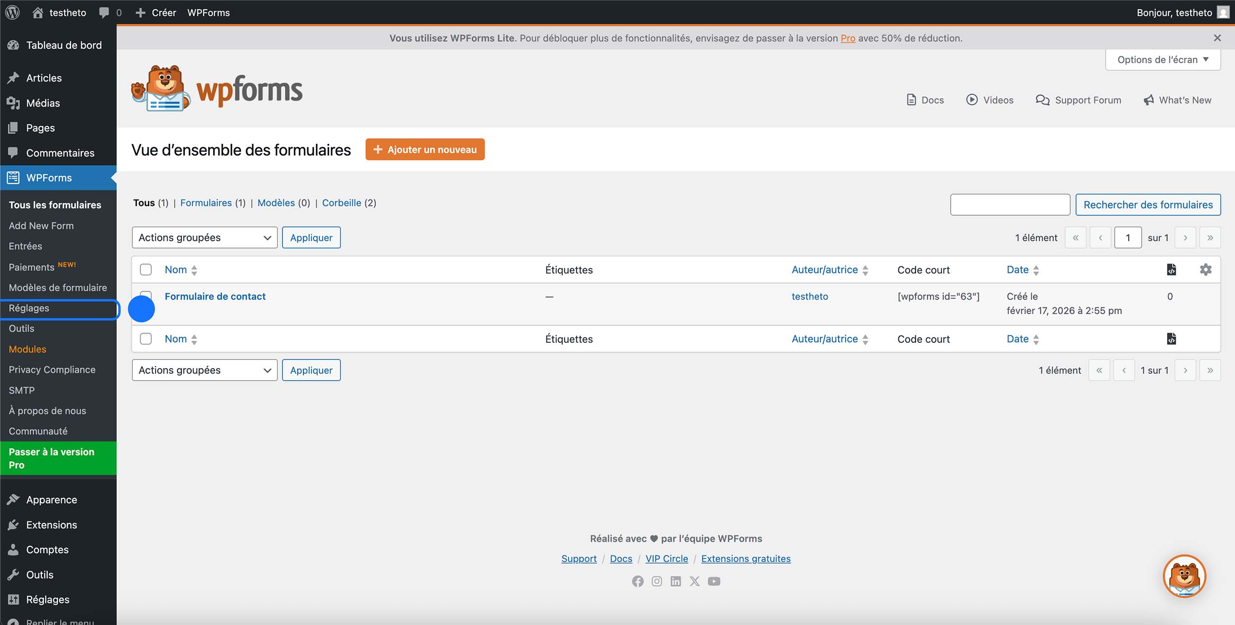 Vue d’ensemble des formulaires WPForms dans WordPress avec liste des formulaires et accès aux réglages.