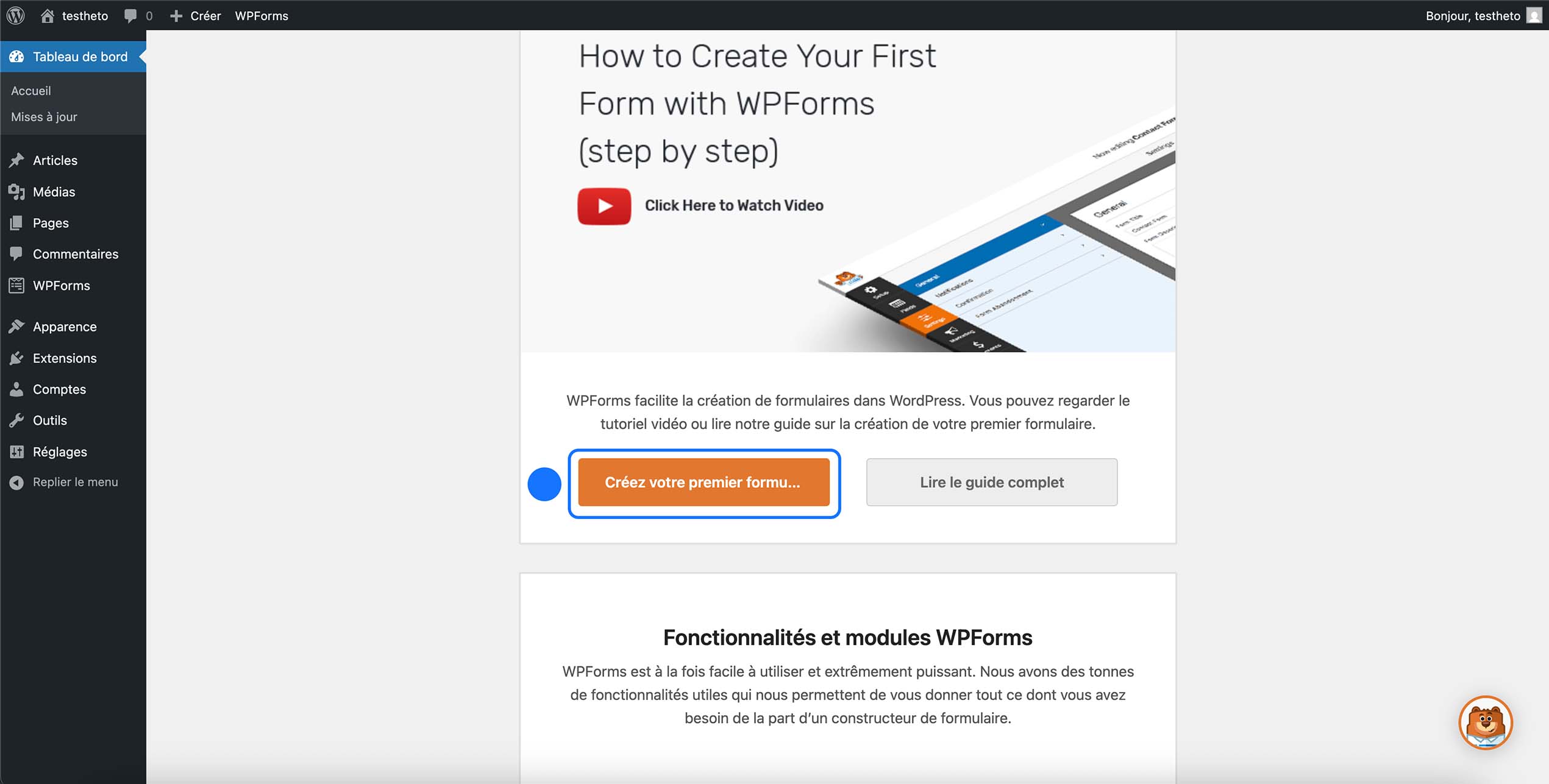 Interface WPForms dans WordPress avec bouton pour créer un premier formulaire