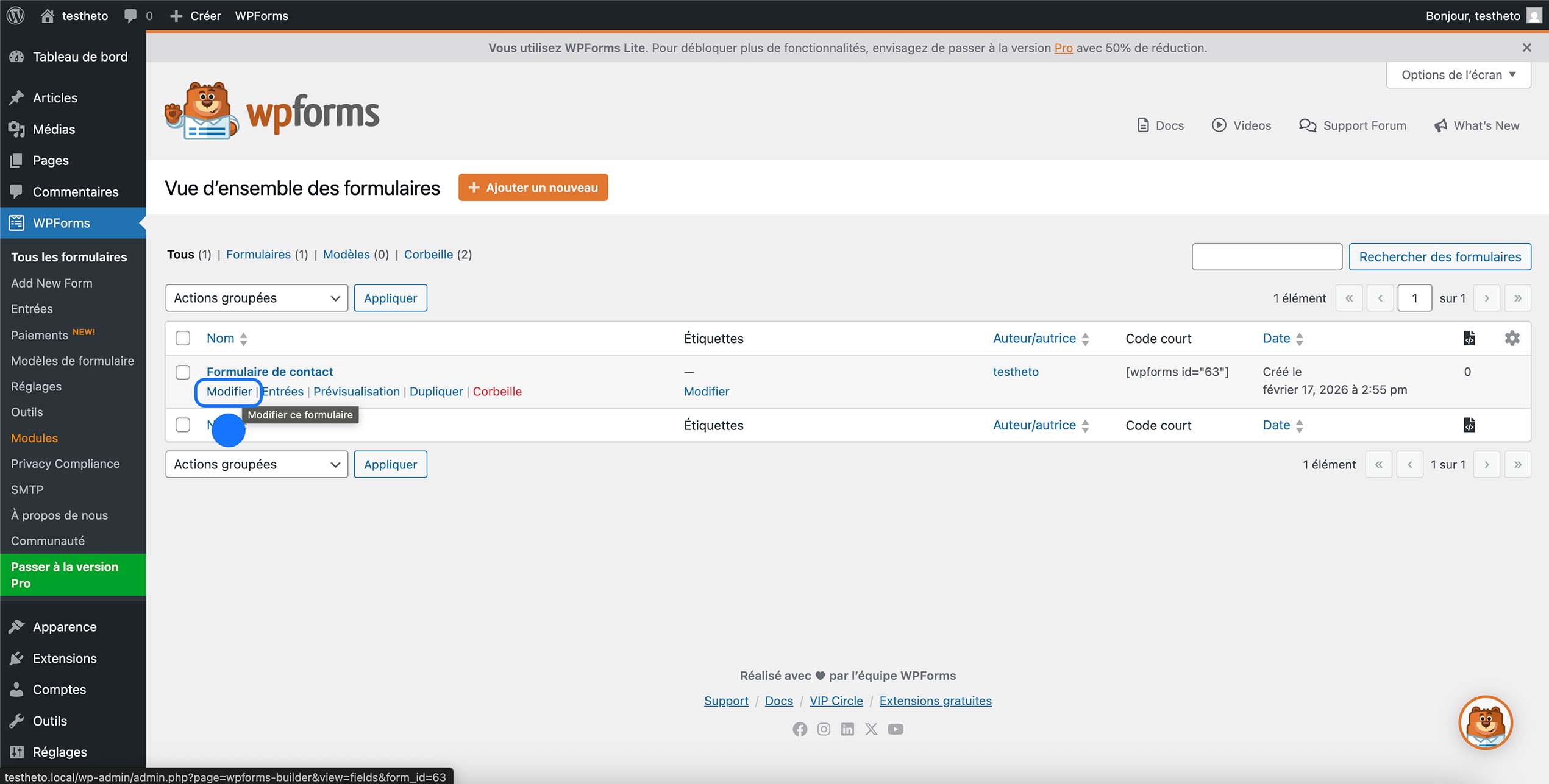 Modification d’un formulaire de contact dans WPForms depuis la vue d’ensemble des formulaires WordPress.