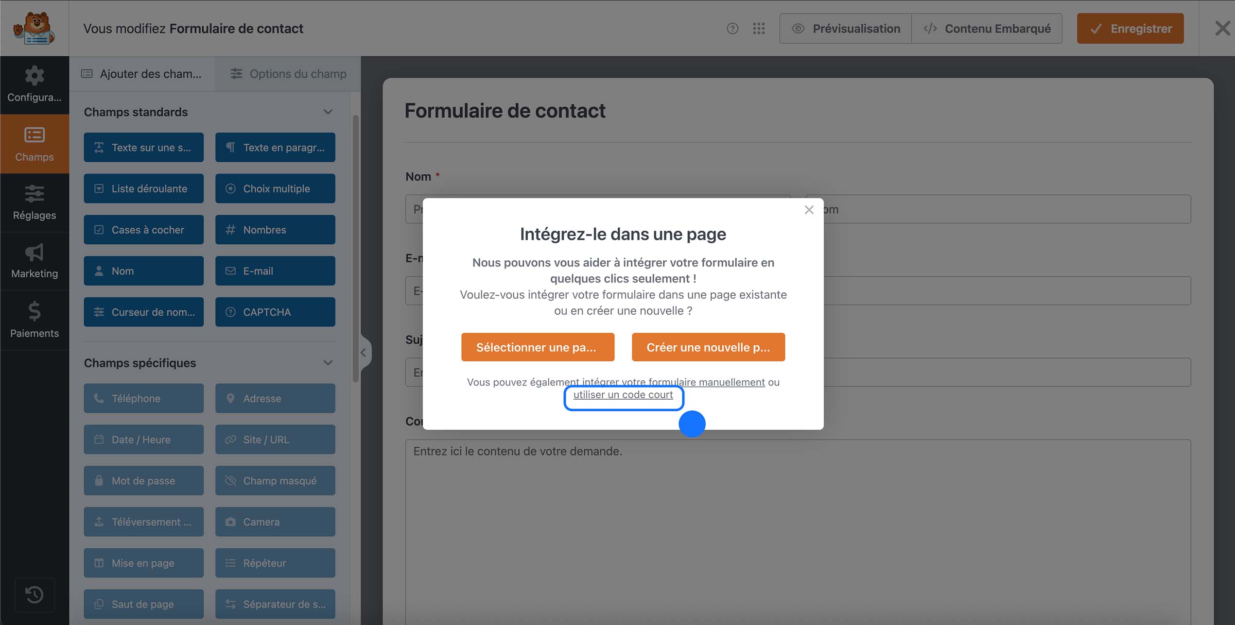 Fenêtre d’intégration WPForms pour ajouter un formulaire de contact dans une page WordPress via code court.