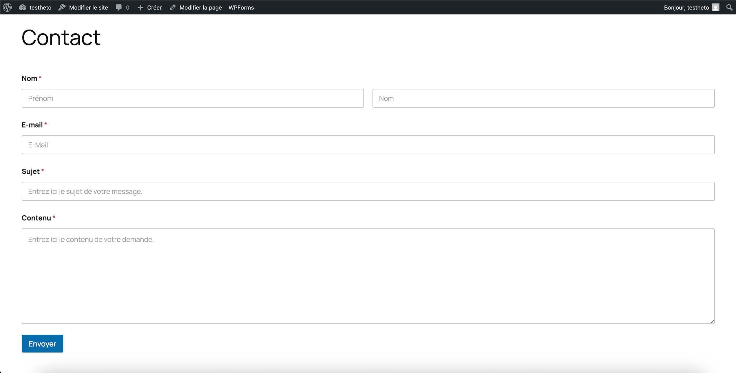 Formulaire de contact WordPress avec champs nom, e-mail, sujet et message prêt à être envoyé.