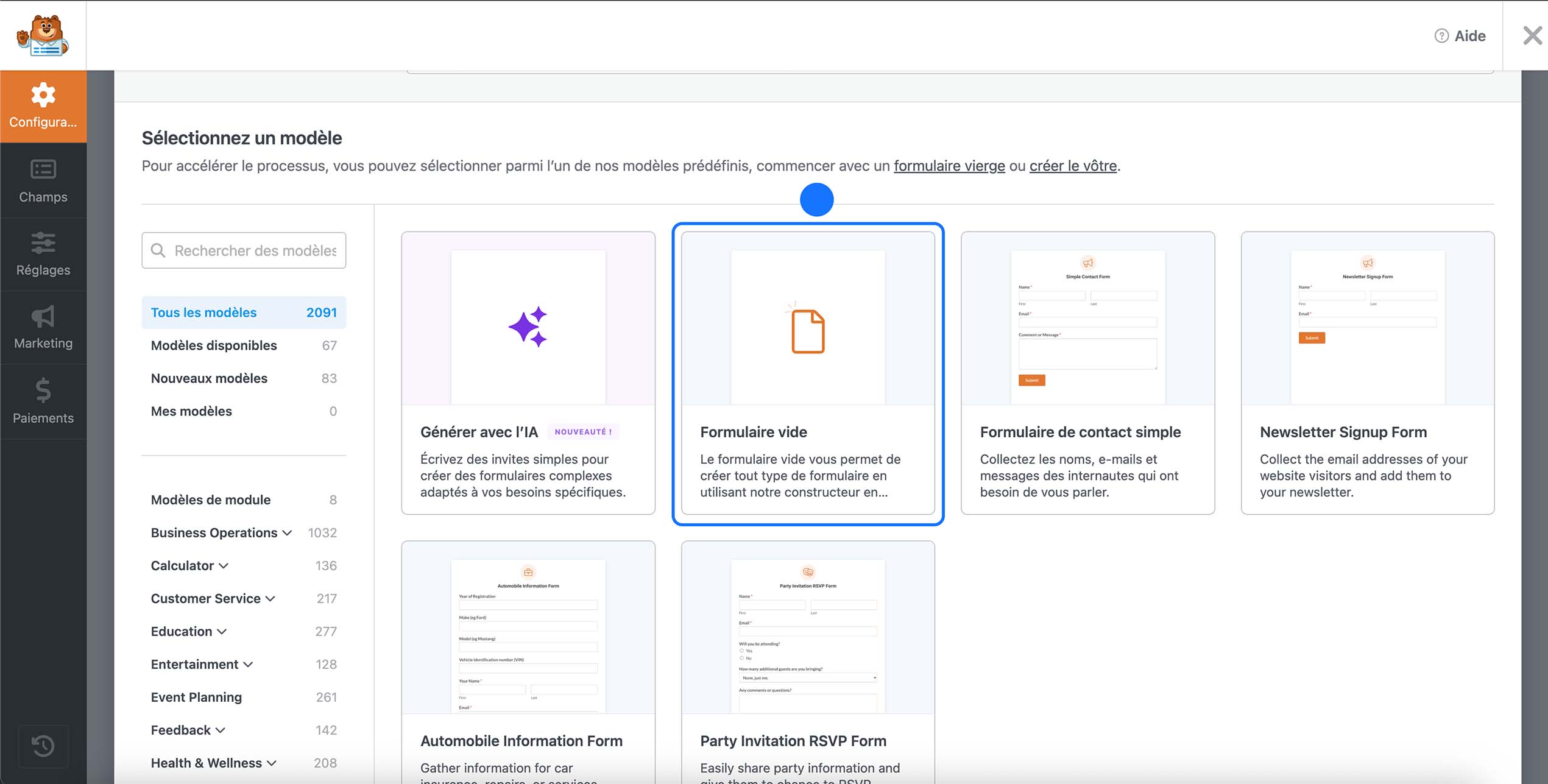 Interface WPForms affichant les modèles disponibles avec sélection du formulaire vide
