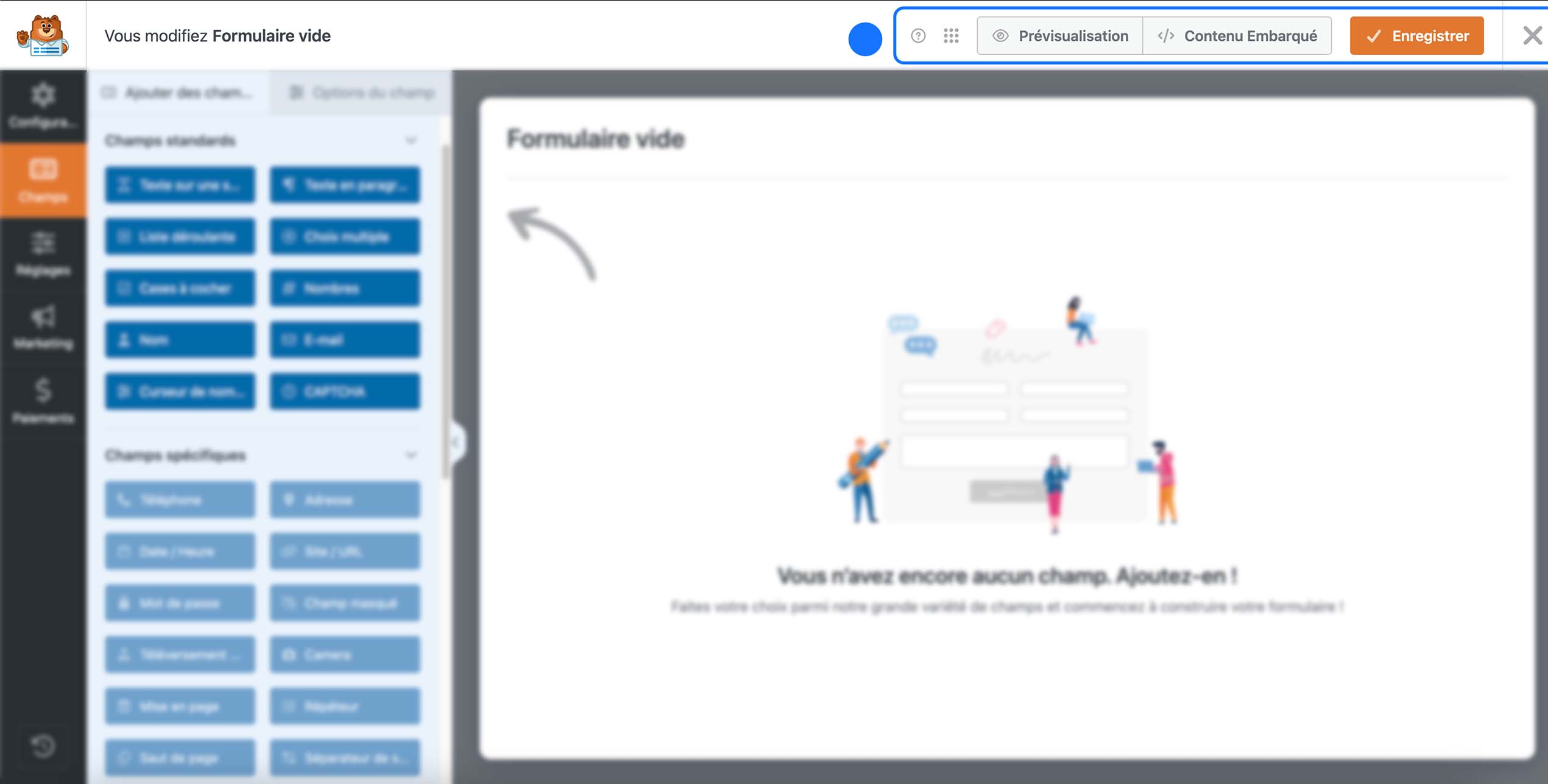 Éditeur WordPress de formulaire vide mettant en avant la barre bleue « Prévisualisation / Contenu embarqué / Enregistrer ».