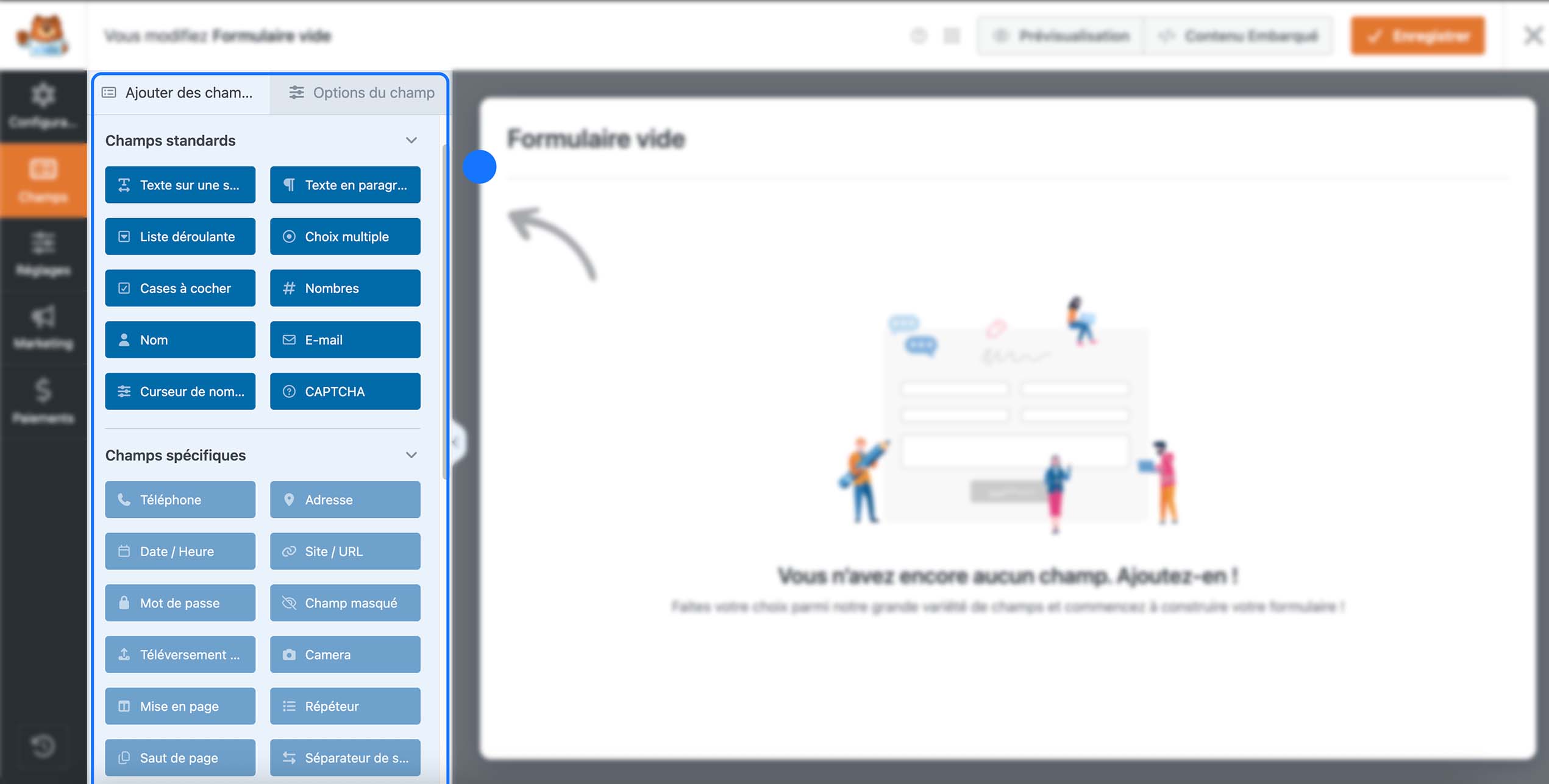 Éditeur WordPress affichant le panneau d’ajout de champs standards et spécifiques pour créer un formulaire personnalisé.