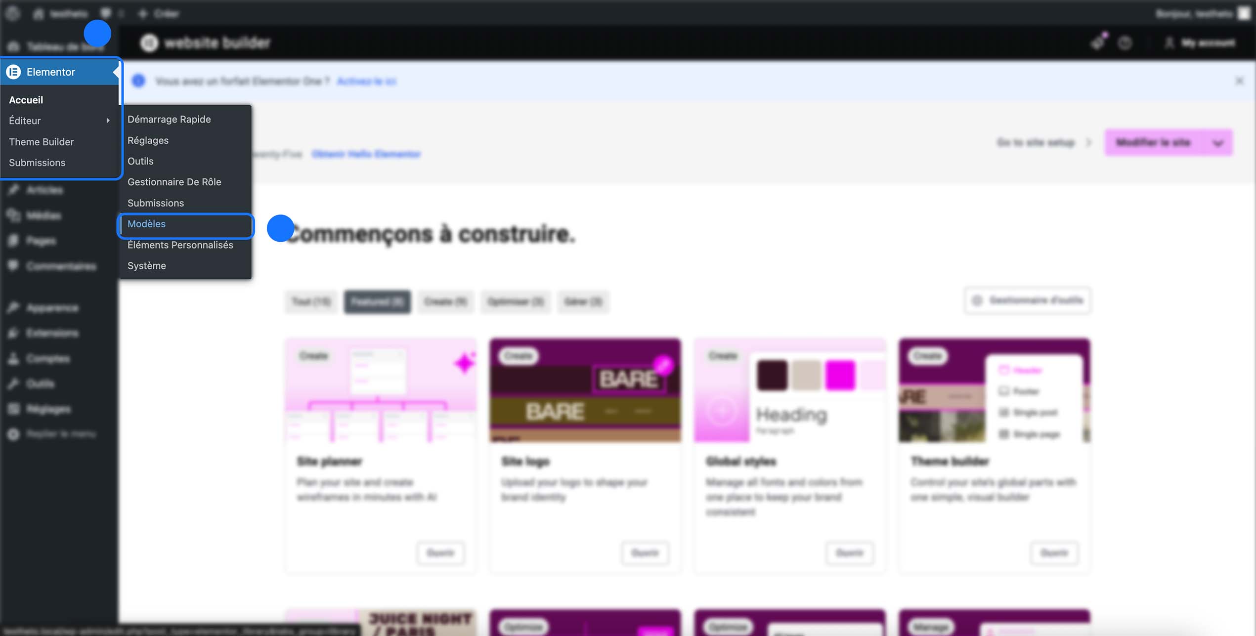 Accès aux modèles Elementor depuis le menu WordPress afin de créer ou gérer les templates, notamment les popups du site.