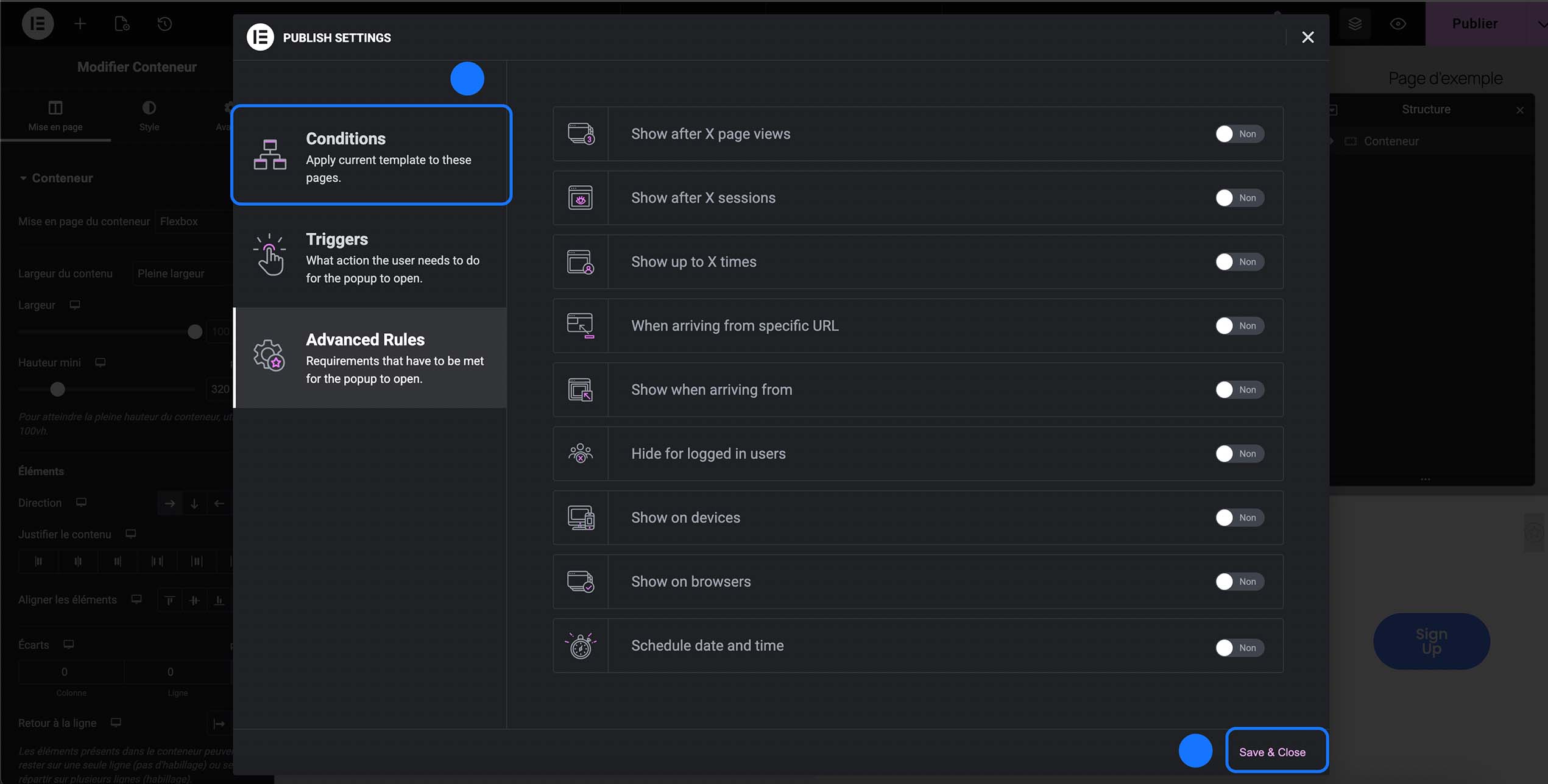 Définition des conditions d’affichage du popup dans Elementor afin de choisir précisément sur quelles pages du site celui-ci sera visible avant d’enregistrer la configuration.