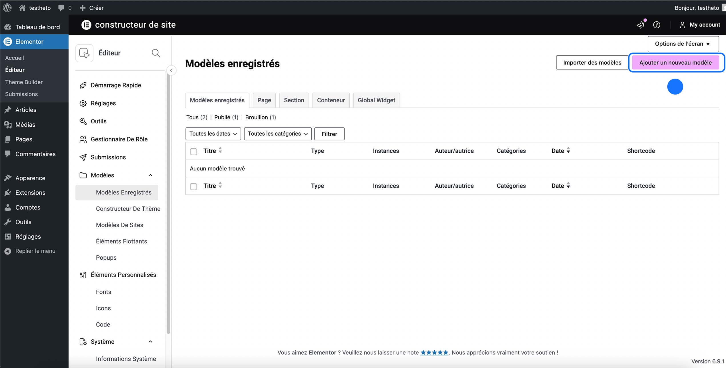 Ajout d’un nouveau modèle Elementor depuis la section Modèles enregistrés afin de créer un template personnalisé, comme un popup.