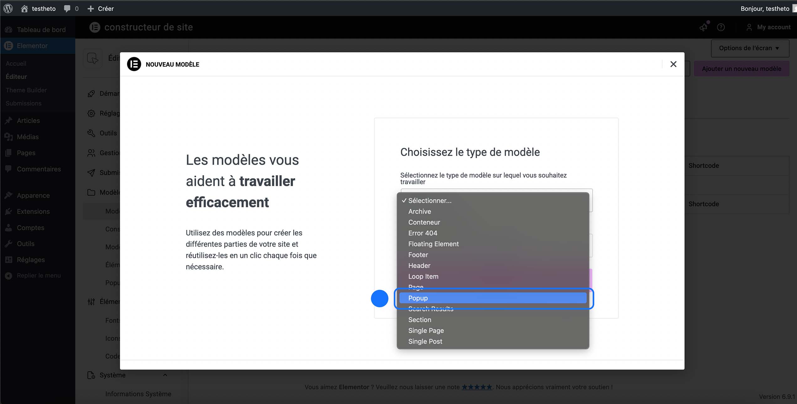 Sélection du type de modèle Popup lors de la création d’un nouveau modèle Elementor afin de concevoir une fenêtre popup personnalisée.