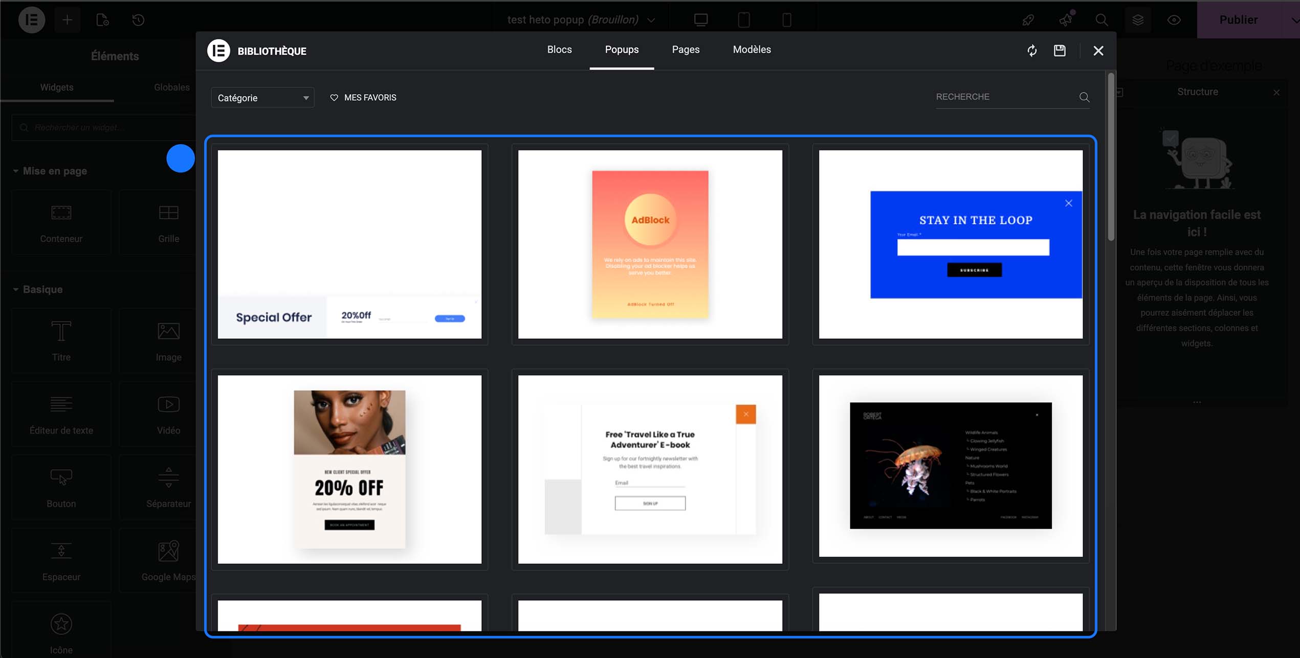 Sélection d’un modèle de popup prédéfini depuis la bibliothèque Elementor afin de créer rapidement une fenêtre popup personnalisée pour le site.