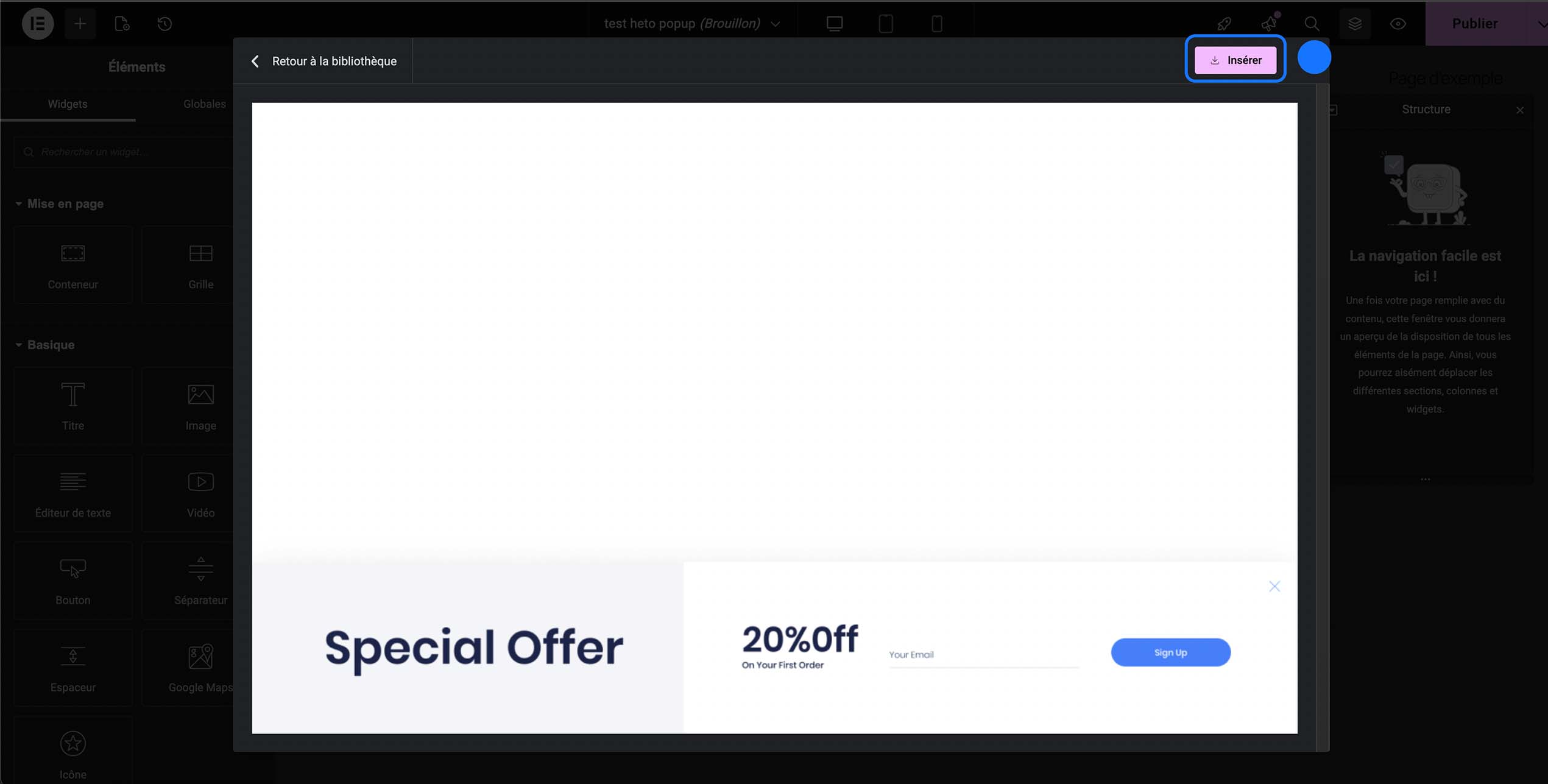 Insertion du modèle de popup sélectionné dans l’éditeur Elementor en cliquant sur le bouton « Insérer » afin de l’ajouter et commencer sa personnalisation.
