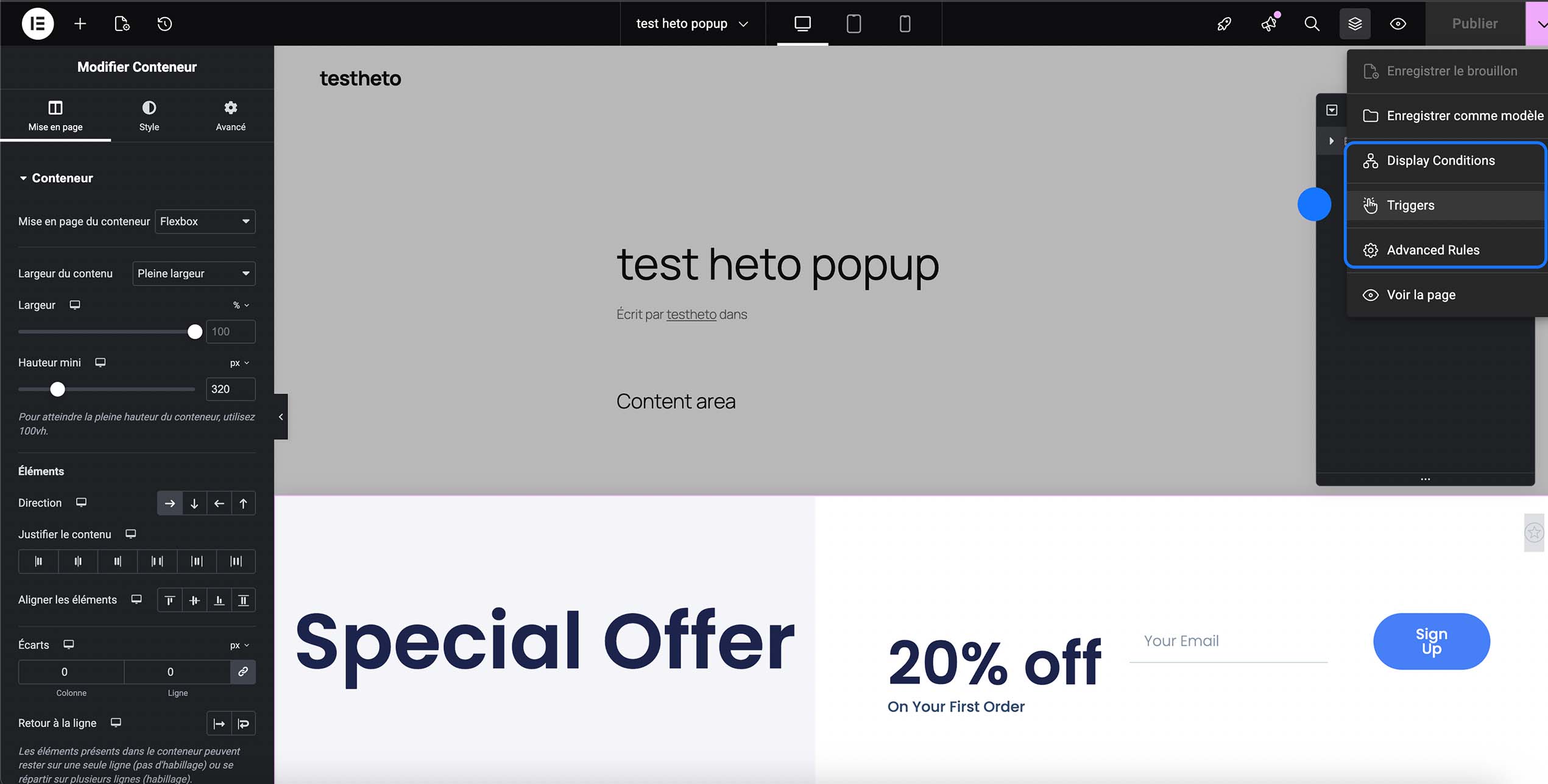 Configuration des conditions d’affichage, des déclencheurs et des règles avancées du popup Elementor afin de définir quand, où et pour quels visiteurs la fenêtre s’affiche sur le site.