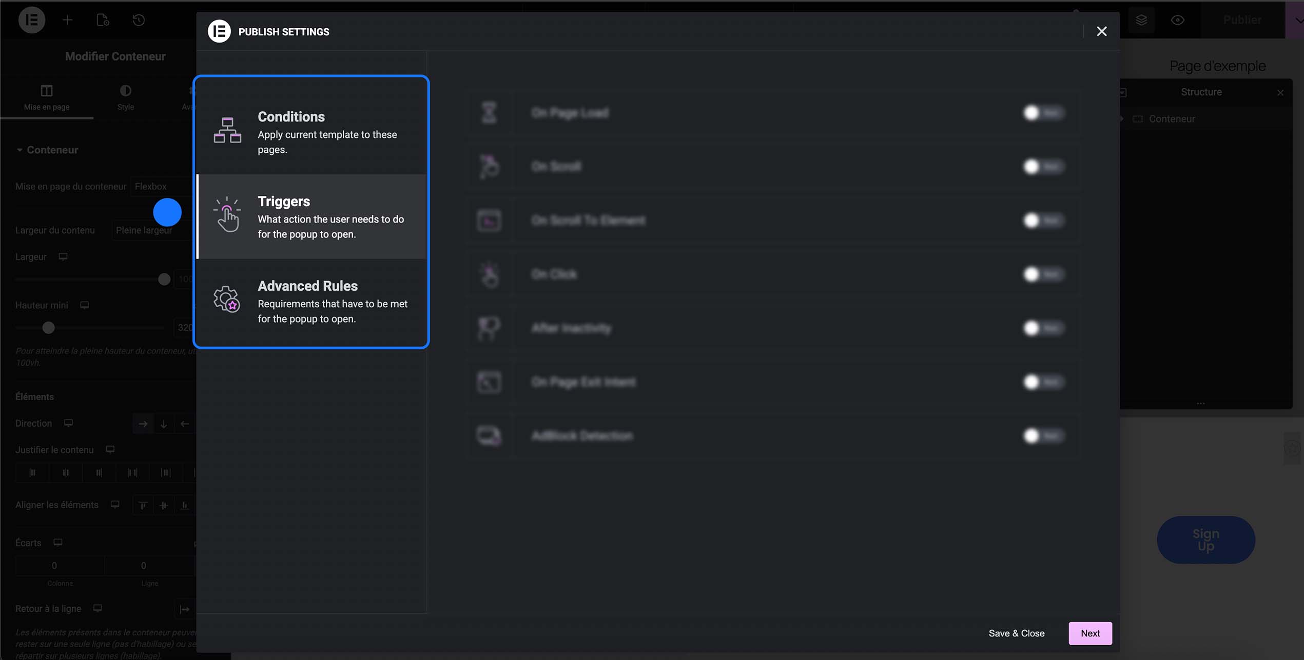 Configuration des déclencheurs du popup Elementor afin de définir l’action utilisateur (temps passé, scroll, clic ou intention de sortie) nécessaire pour afficher la fenêtre sur le site.